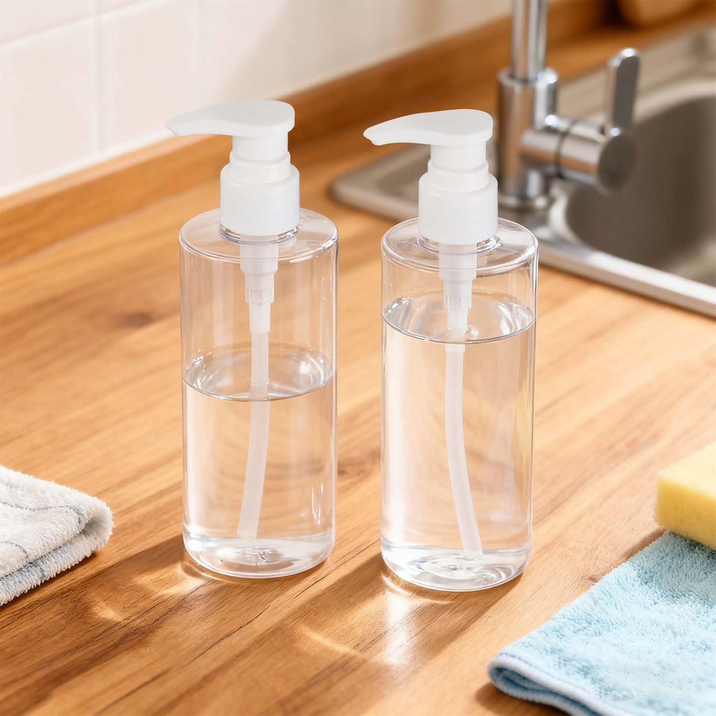 Plastic Pump Bottle Dispenser, BPA-Free Clear Refillable Empty Containers,2 Pack Cylindrical Hand Pump Bottles Dispenser for Shampoo, Lotion, Body Wash, Conditioner, Creams and Toiletries