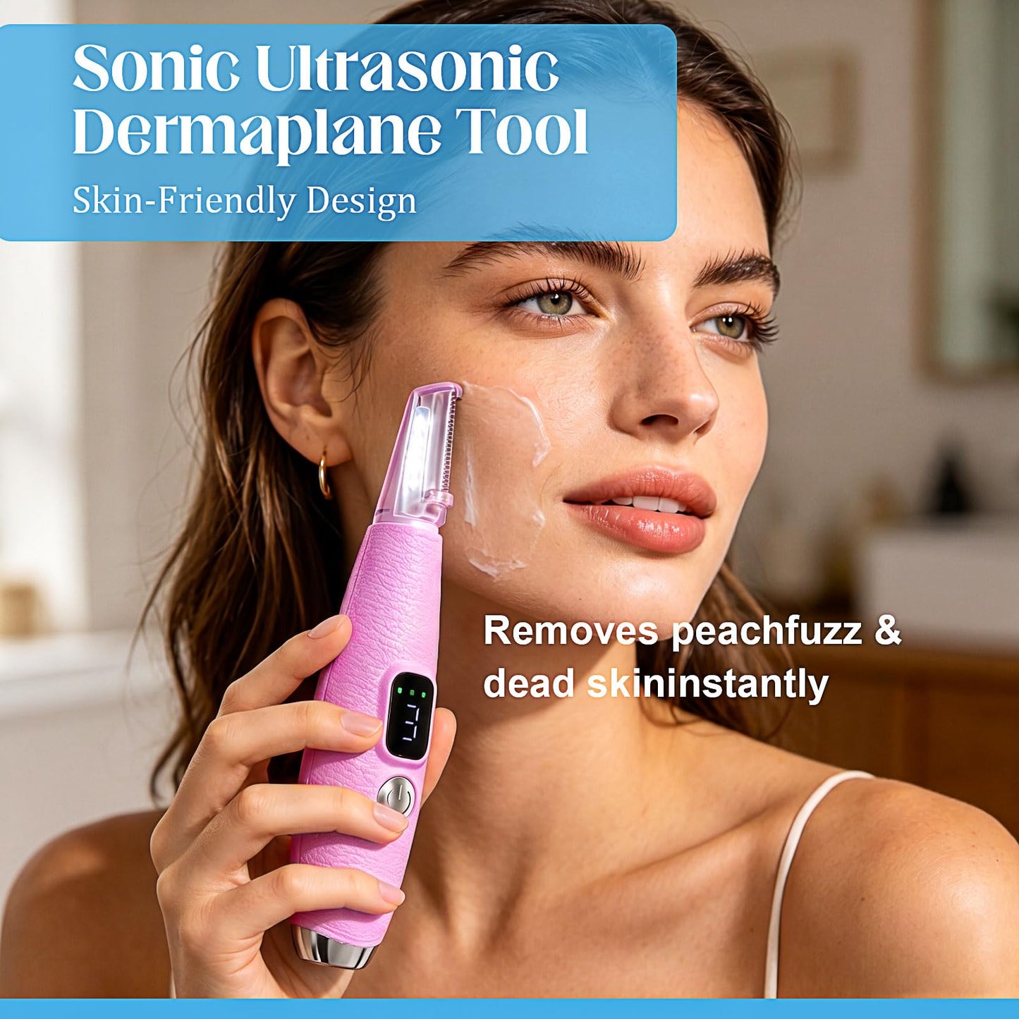 Dermaplane Razor for Women Face with 12 Refill Blades,Sonic Dermaplaning Tools for Peach Fuzz & Exfoliation, Eyebrow & Face Hair Remover,3 peeds,LED, Rechargeable Dermaplane Razor,Pink