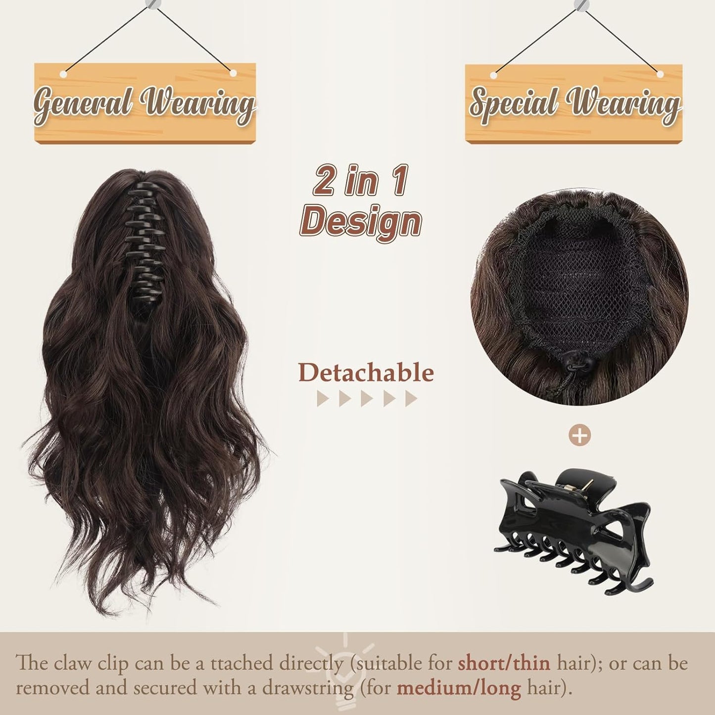 Claw Clip Ponytail Extensions - 14-Inch Short Wavy Dark Brown Hairpiece for Women | Synthetic Ponytail