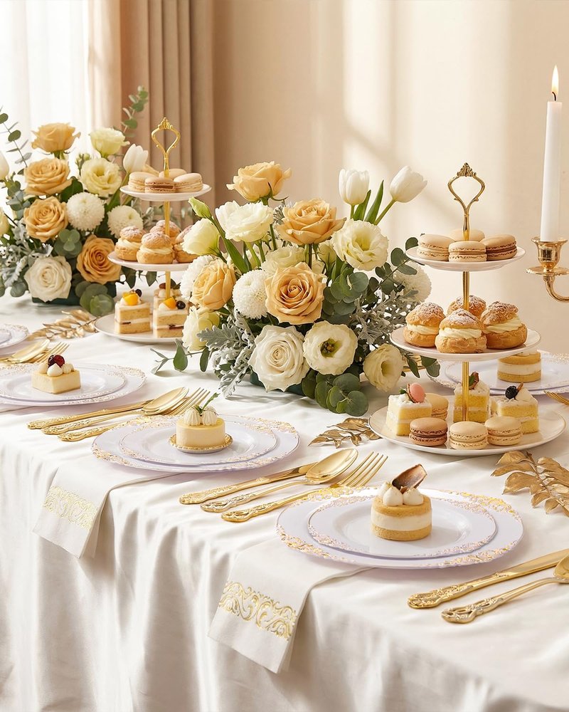 Ciaell 300PCS White and Gold Plastic Plates - Gold Disposable Dinnerware Sets for 50 Guests - 100 Plates, 50 Knives, 50 Forks, 50 Spoons, and 50 Napkins for Wedding, Anniversary, Party