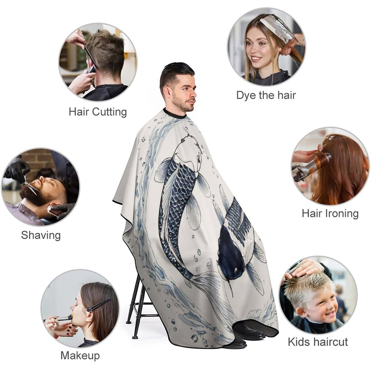 Professional Barber Cape Unisex Haircut Cape with Adjustable Neck Closure Koifish Fish Yin Yang