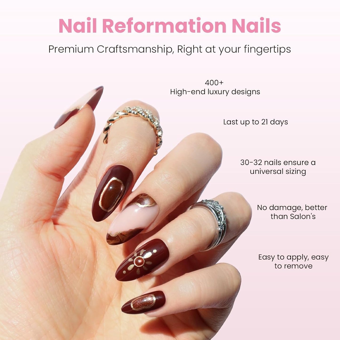 Press On Nails - Sun Stone Medium Almond Fake Nails with 3D Golden Shimmer | Reusable Stick-On Nails in 15 Sizes - 30 Nail Kit for Women