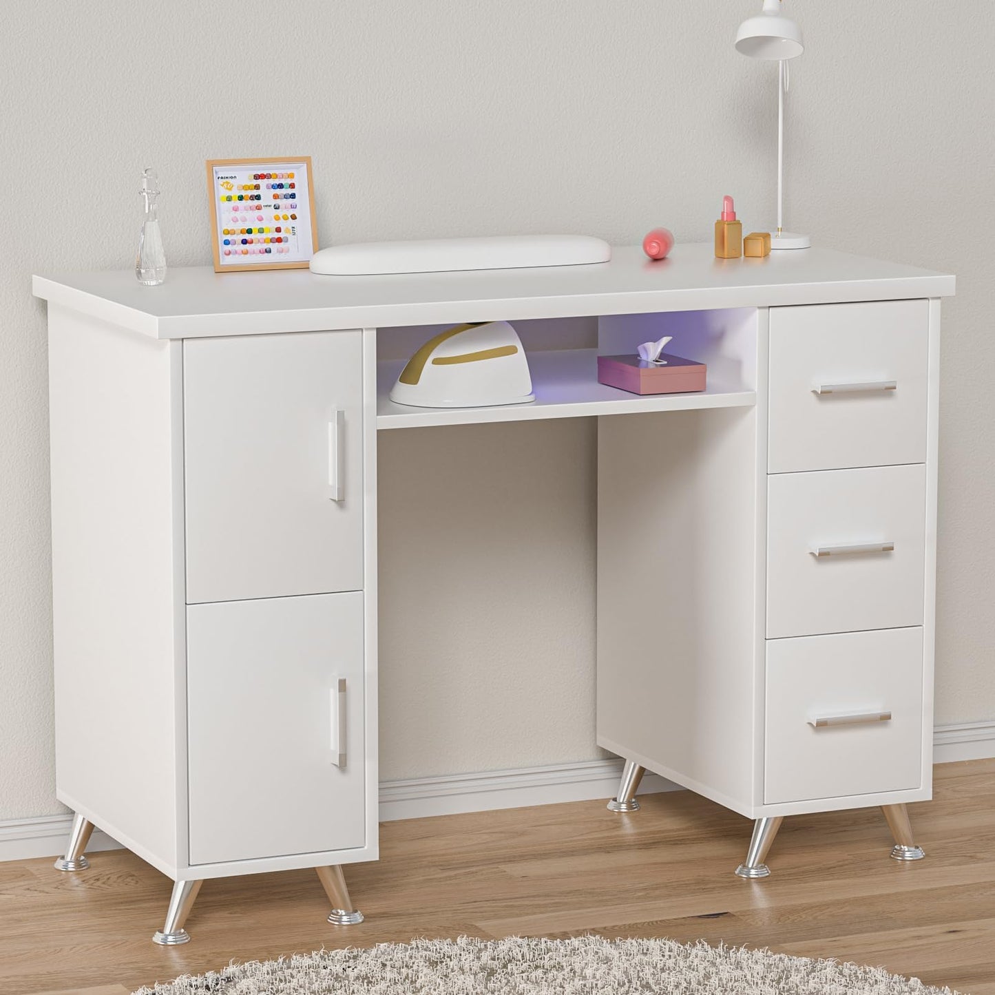 White Nail Desk for Nail Tech,Acetone-Resistant Manicure Table Nail Tech Desk with Drawers Nail Tech Table Station Storage Cabinet, Open Drawer, Wrist Pad, Metal Legs, for Beauty, Salon, Spa Makeup