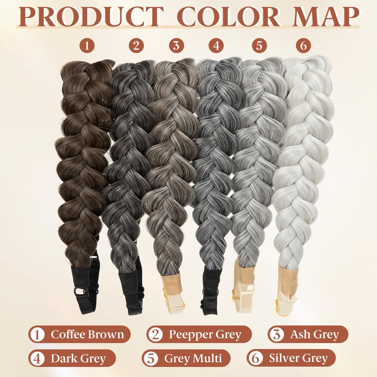Wide Elastic Braided Headbands for Women - Adjustable Synthetic Hair Hairpiece | Dark Grey