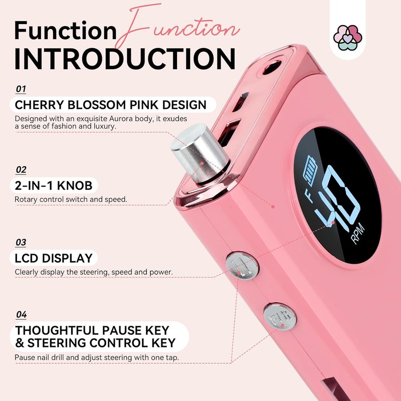 SAVILAND Professional Nail Drill - 40000RPM Rechargeable Electric Filer Kit with 6000mAh Battery for Acrylic Nails | Pink