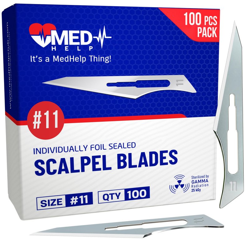 MedHelp 100 Disposable Surgical Blades 11, Size 11 Medical Scalpel Blades for Surgical Scalpel Knife, High Carbon Steel Dermablades. Individually Wrapped