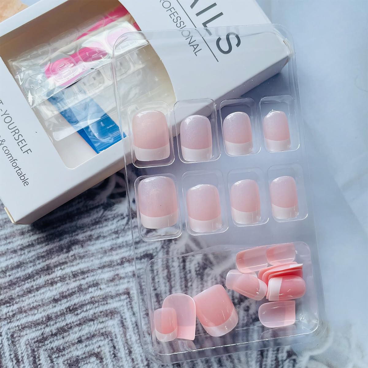 French Tip Press-On Nails - Short Square Acrylic Full Cover | 24pcs Reusable Nude Design for Women