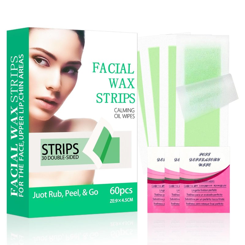 Facial Wax Strips for Hair Removal, Wax Strips for Face, 60PCS Hair Removal Waxing + 3 Calming Oil Wipe, Upper Lip, Chin, Eyebrow, Armpit, Bikini Line, Face Waxing Kit for Women, Long-Lasting Results