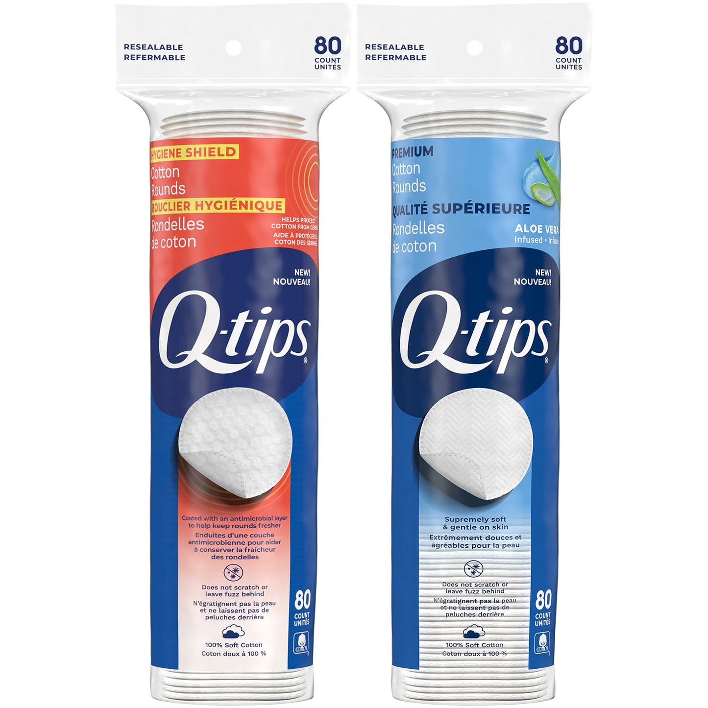 Q-tips Cotton Rounds Bundle (Premium & Hygiene Shield), Soft Lint-Free Makeup Remover Pads, Skin Care and Beauty Use, 100% Cotton, 80 Ct Ea.