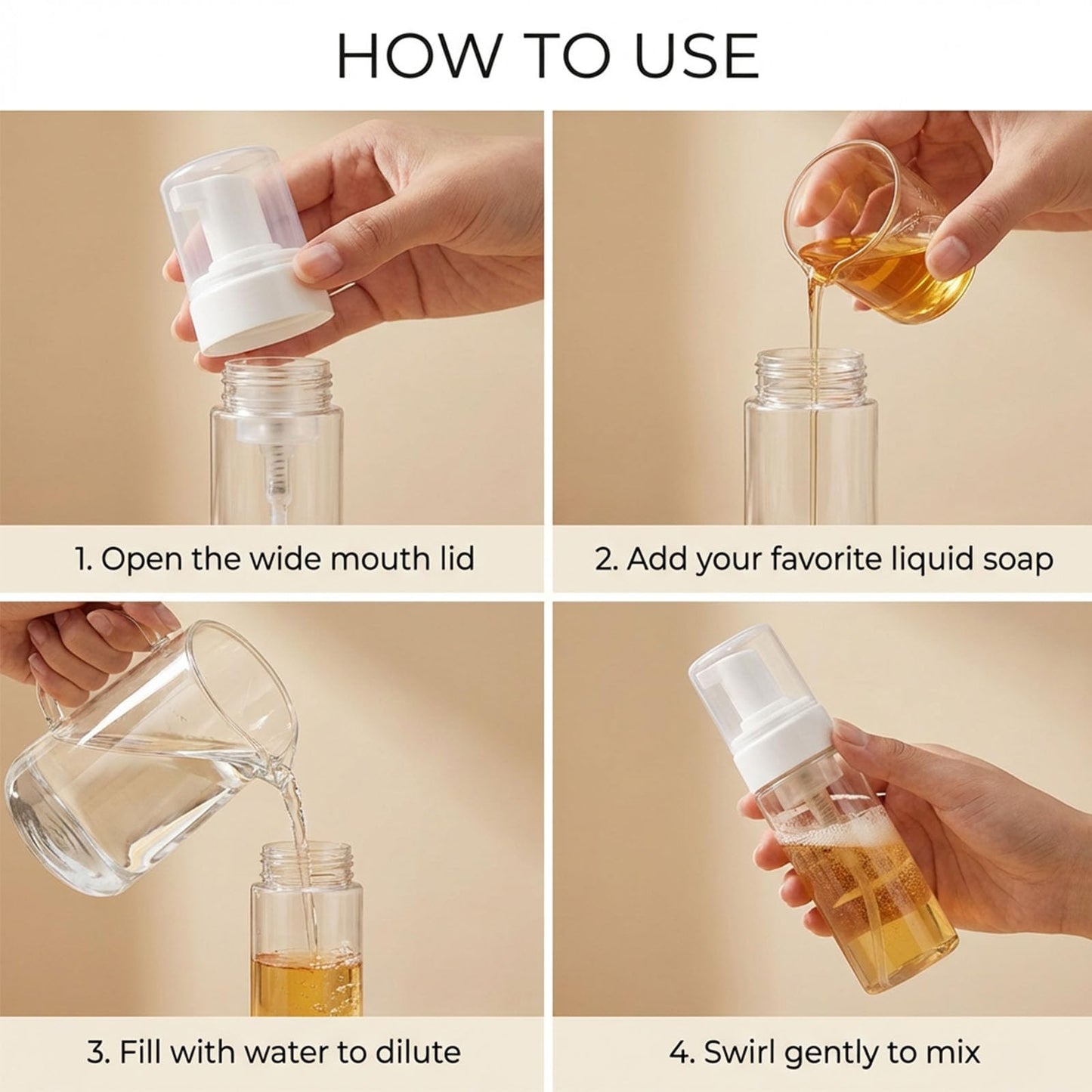 judero Foam Pump Bottle 7oz/ 200ml, 2Pcs Large Foaming Soap Dispenser for Travel Clear Refillable Foaming Spray Bottle for Bathroom, Hand Soap, Shampoo, Face Wash, Leak-Proof Foam Dispenser