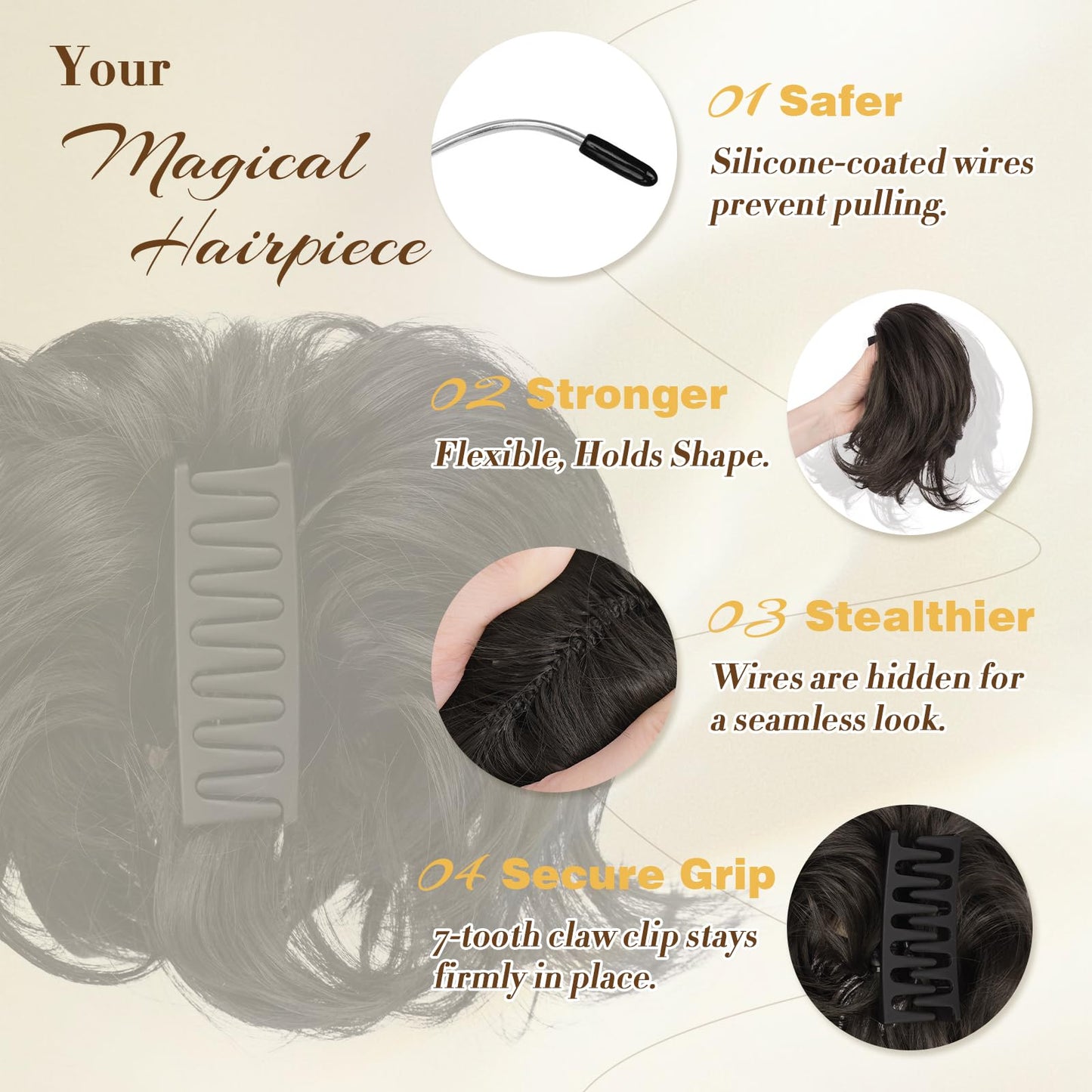 FESHFEN Claw Clip Short Ponytail Extensions - DIY Bendable Metals Fluffy Messy Bun Hair Piece Straight Synthetic Hairpieces Ponytail Extension for Women, Mix Brown