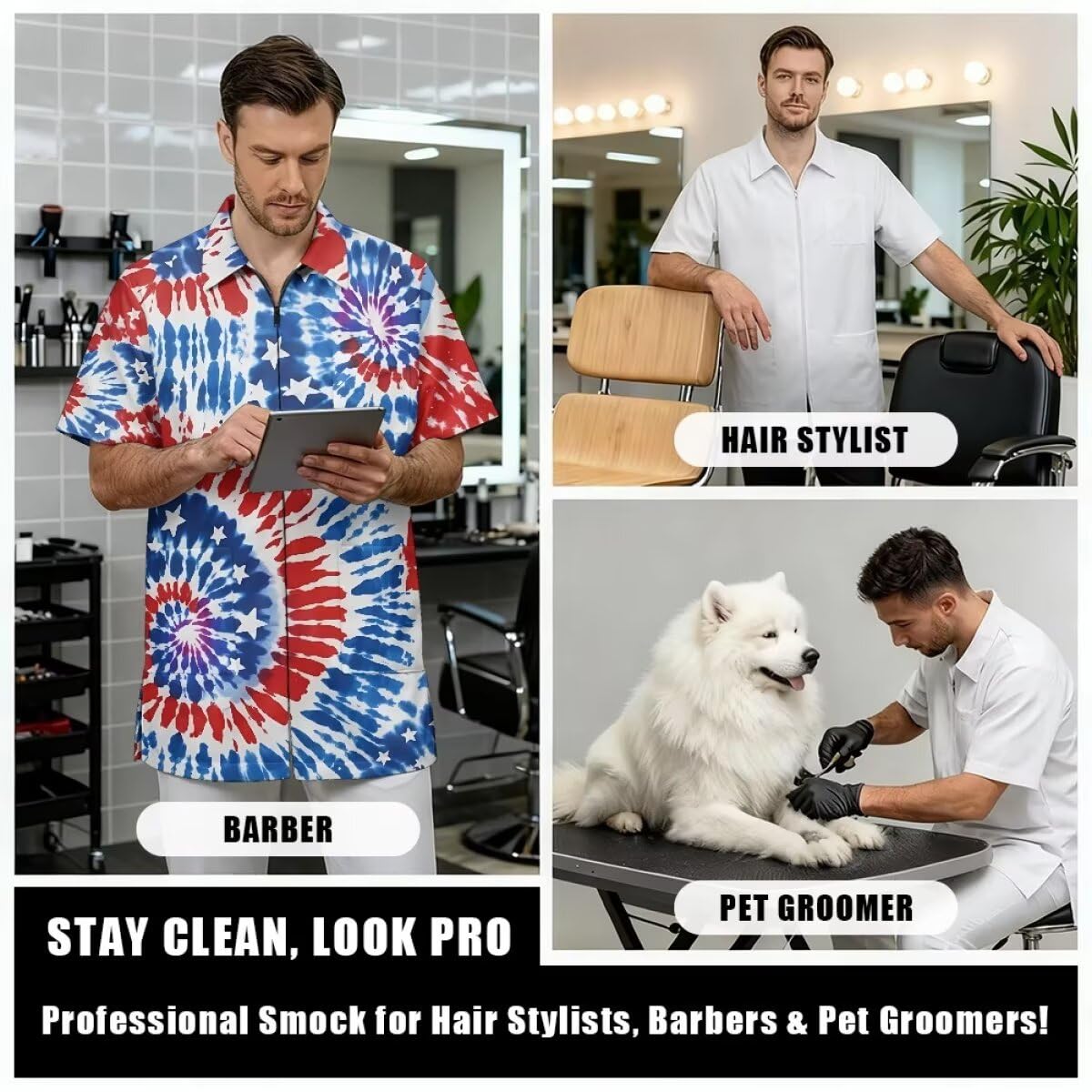 Hdjxbdhsv 4th of July Print Barber Shop Work Shirt,Tie-dye American flag Hairdresser Barber Shirts Hairstylist Shirt Gift Barbershop Scissors for Him Men Women