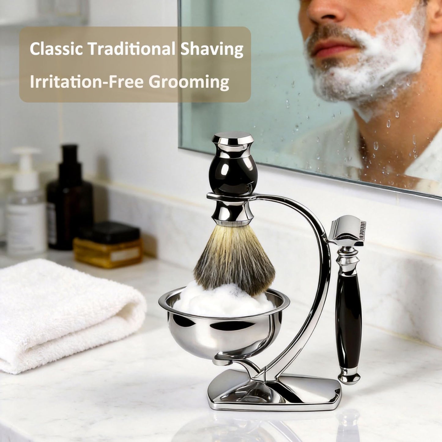 GRUTTI Premium Shaving Kit for Men, 4 in 1 Shaving Set Includes shaving Stand & Soap Bowl &Brush, Double Edge Safety Razor for Men, Safety, Eco-Friendly