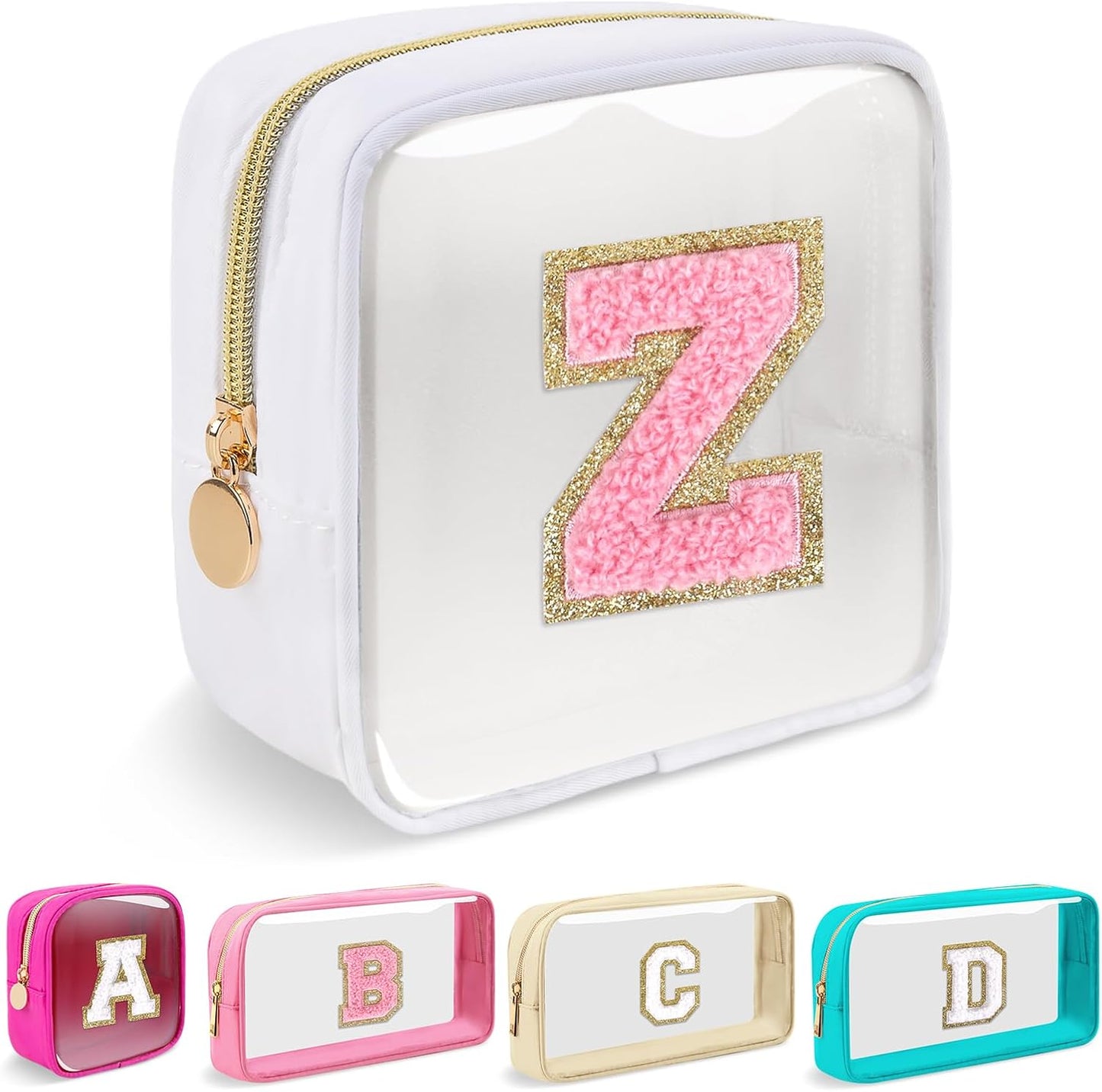 Personalized Initial Makeup Bag - Waterproof Nylon Cosmetic Pouch | A-Z Chenille Letter Patch, White-Pink G