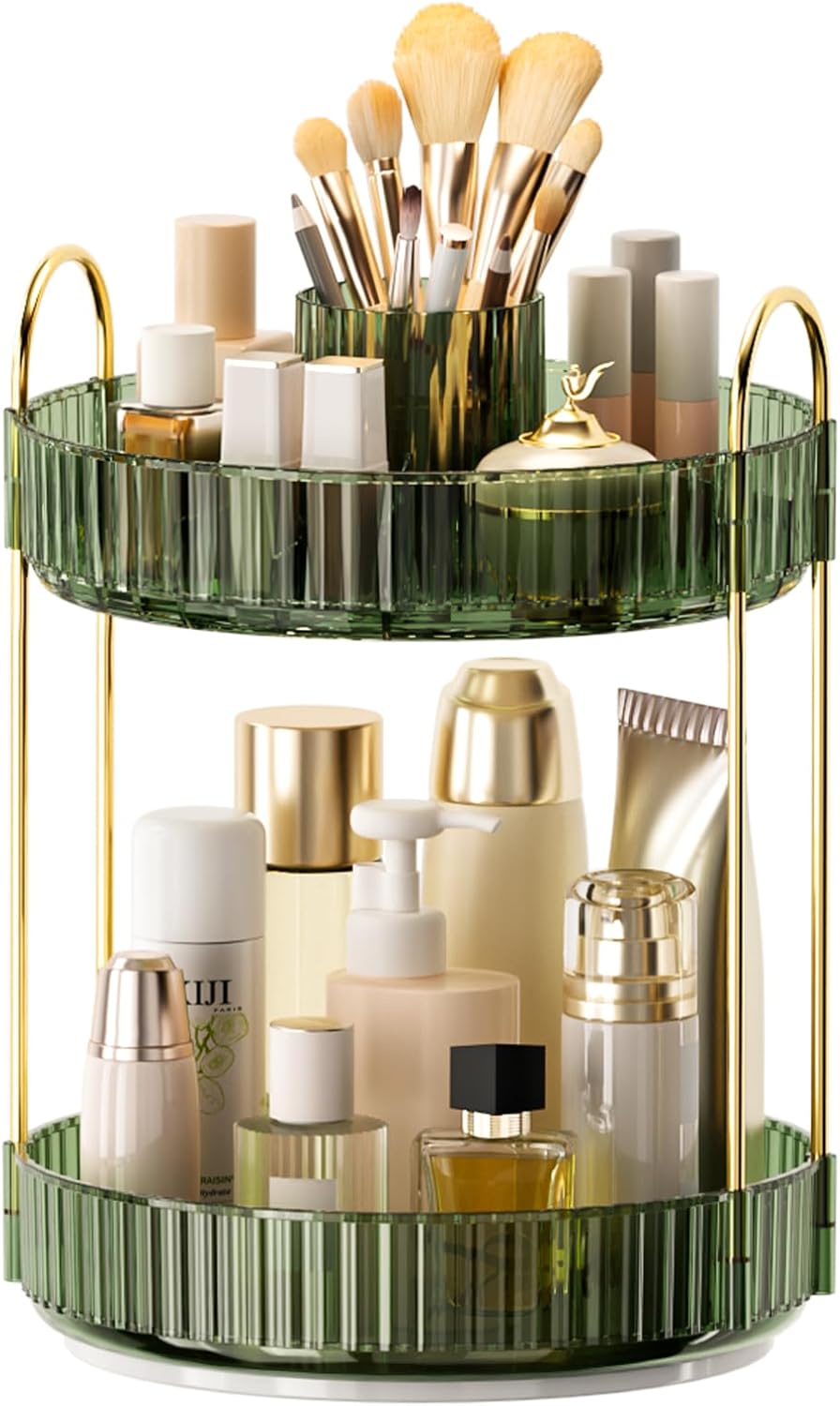 360° Rotating Makeup Organizer - Upgraded 3-Tier Skincare & Perfume Storage | Clear Dresser Organizer with Brush Holder (Amber)