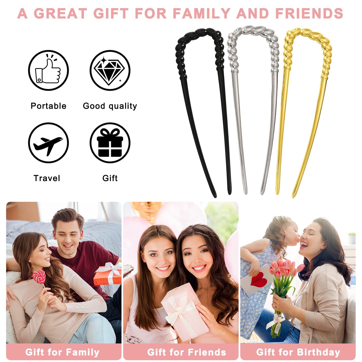 3pcs Metal French Hair Pins,U-Shaped Long Chignon 2 Prong Sticks for Buns, French Twist Hair Pin, Hair Sticks, Hair Fork