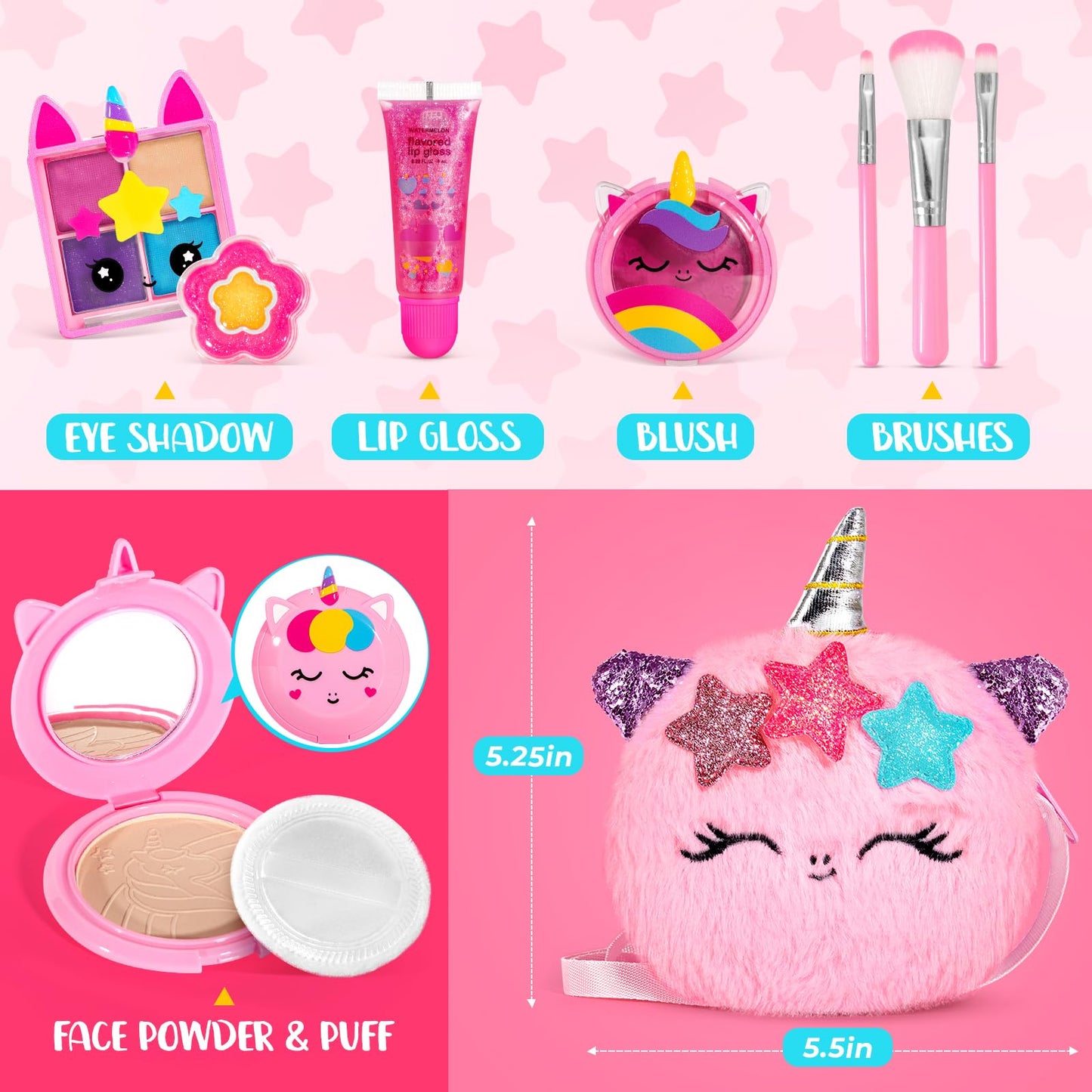 ULOVEME Talc-Free Kids Real Makeup Kit for Little Girls - Mica-Based Safe Formula, Real, Non Toxic, Washable - Ideal for 4 5 6 7 8 Years Old Girls Birthday, Dress Up Party