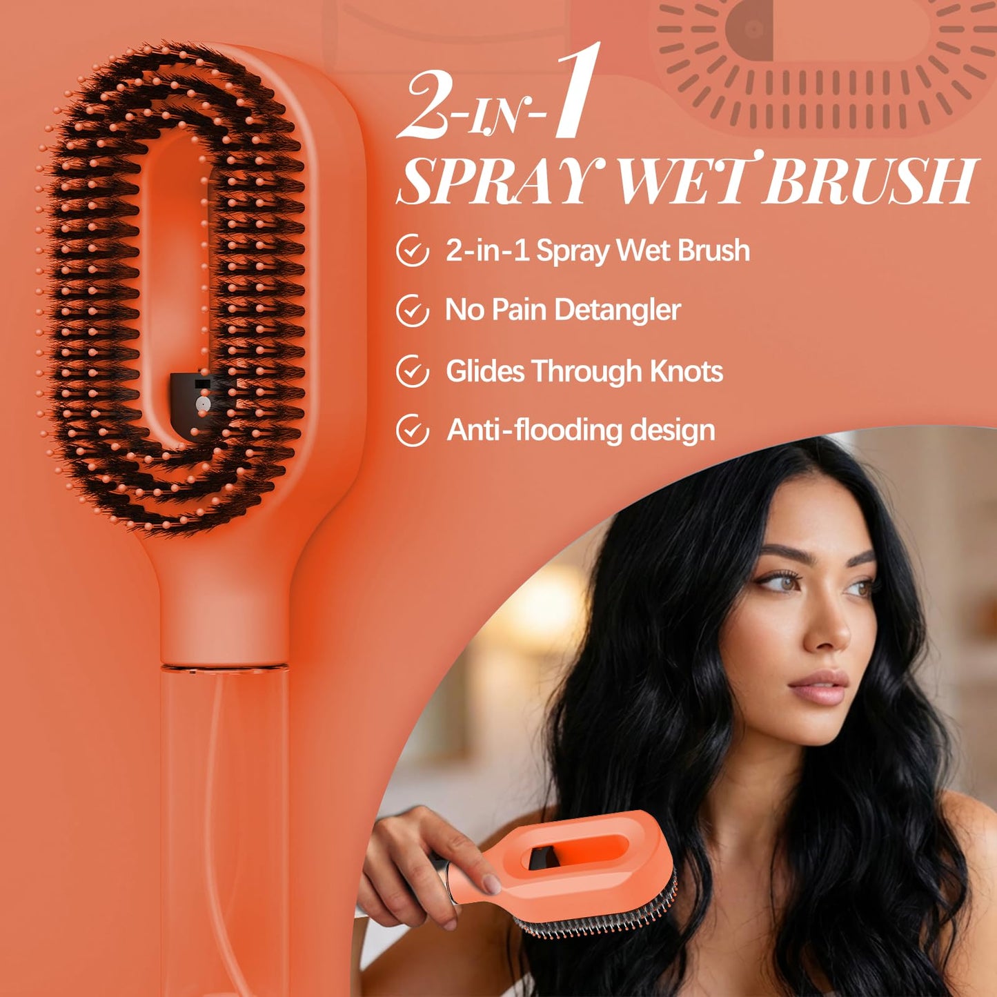 Anti-Frizz Hair Brush with Water Spray, Fine Mist Detangling Brush for Dry, Thick & Damaged Hair, 2-in-1 Wet & Dry Styling Brush with Built-In Water Reservoir(1, Orange)