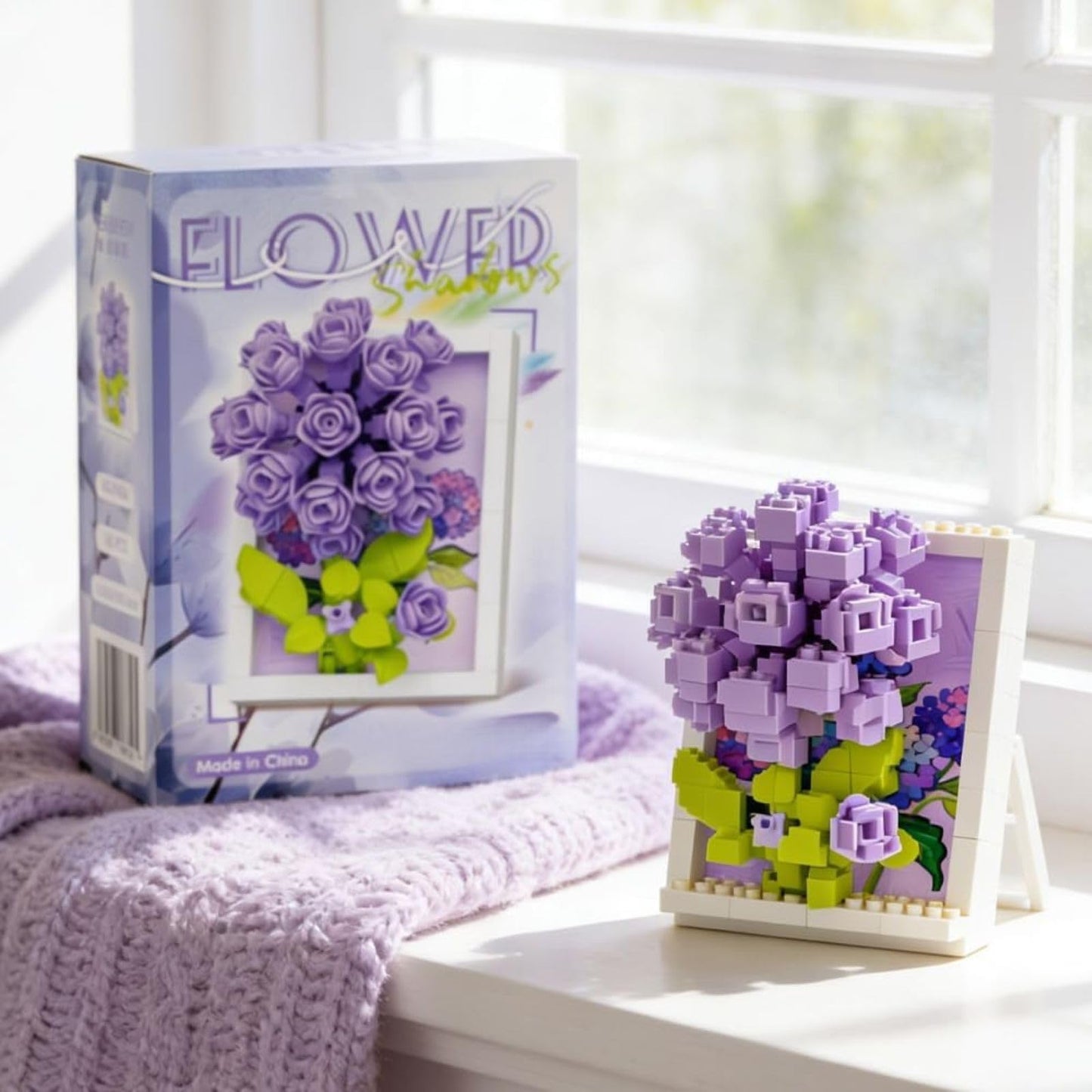 Framed Purple Hydrangea Hand-Assembled Figurine, Mini Flower Wall/Desk Decor, Hydrangea Theme Collectible Statue for Home Office