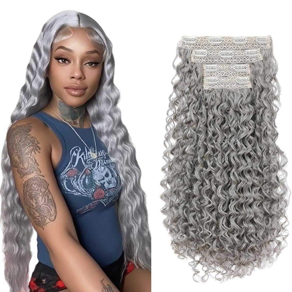Grey Clip in Hair Extensions Real Human Hair,26 Inch 120g/7Pcs,Full Shine Sliver Remy Human Hair,Gray Deep Wave Clip ins Brazilian Virgin Human Hair Extensions