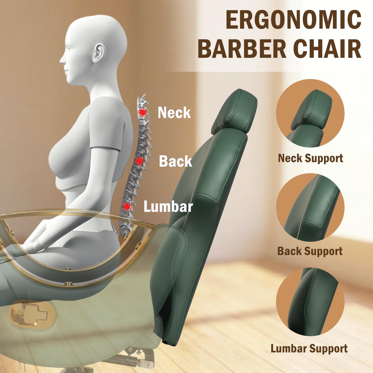 Tythical Salon Chair for Hair Stylist, Barber Salon Chair Reclining Hairdresser Chair with Hydraulic Pump 360 Swivel Styling Braiding Chair for Home Barbershop Tattoo Shampoo Spa, Green Glod