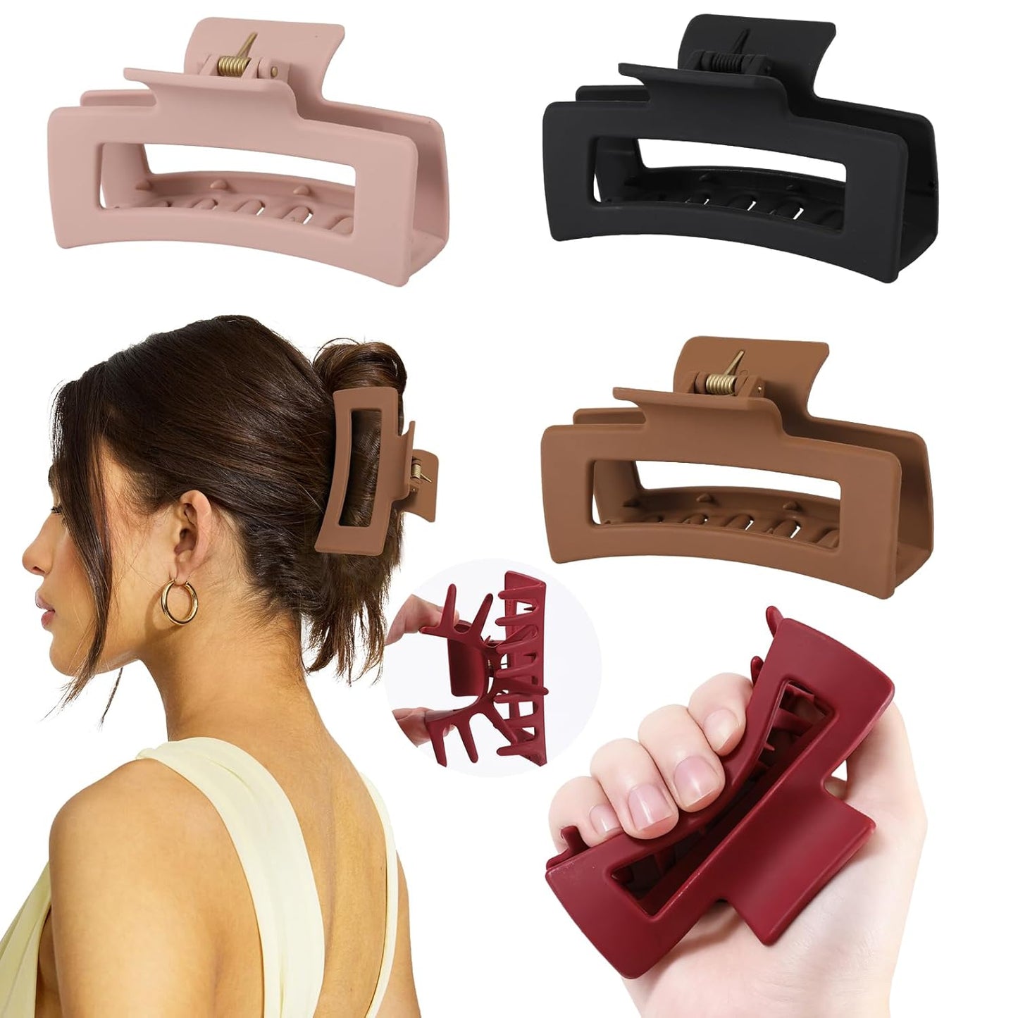 Extra Large Claw Clips for Women - 4 PCS Jumbo Matte Hair Claws for Thick Long Curly Hair | Non-Slip Rectangle Design