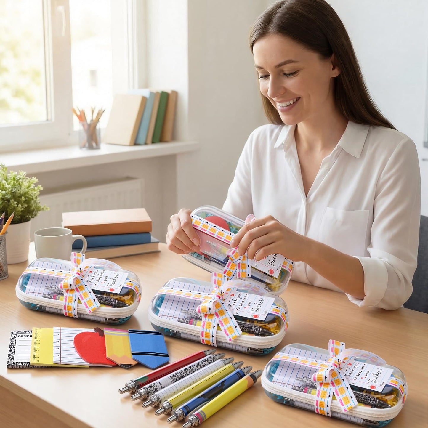 Landhoow 6 Sets/75 Pcs Back to School Teacher Gifts Bulk Set Clear Hard Case Zipper Pouch Pastel Ballpoint Pen & Sticky Notes Blue and Yellow Raffia Adorable Printed Pencil Ribbons with Thank You Card