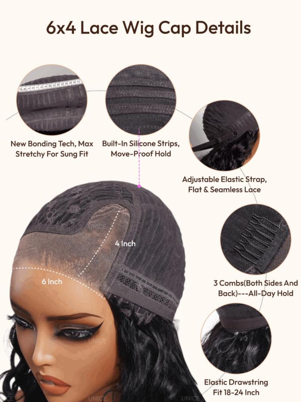 UNICE Side Part Water Wave Bob Wig Human Hair 220% Density with Drawstring, 6x4 Glueless Lace Wig Pre Plucked Pre Cut, Ready to Wear Short Curly Wig Bleached Knots, Beginner Friendly, 10 Inch