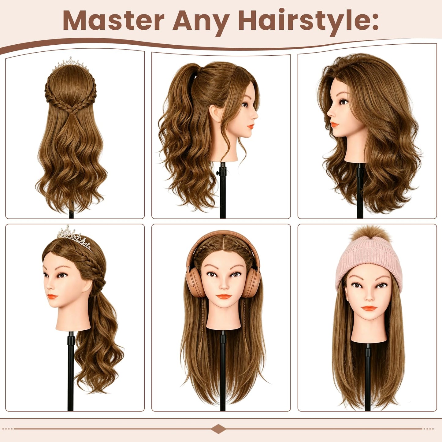 Mannequin Head with 100% Real Human Hair, Beauty Star 18" Gold Brown Hair Art Manikin Cosmetology Head, Doll Manican Head to Practice Hair Styles, Hairdressing Training Head and Stlyist Suppliew