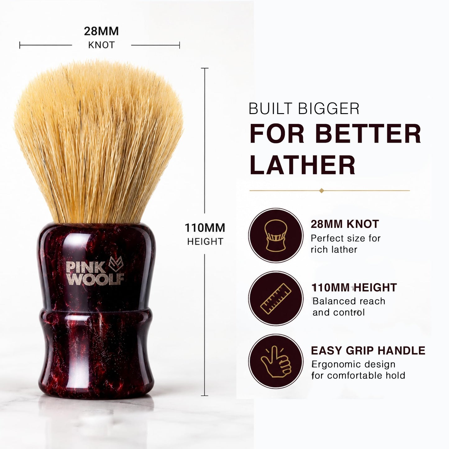 Pink Woolf Boar Shaving Brush for Men – 28mm Natural Boar Bristles, Dense Wet Shave Brush for Rich Lather, Premium Maroon Handle, Soft Face Feel for Shaving Soap & Cream