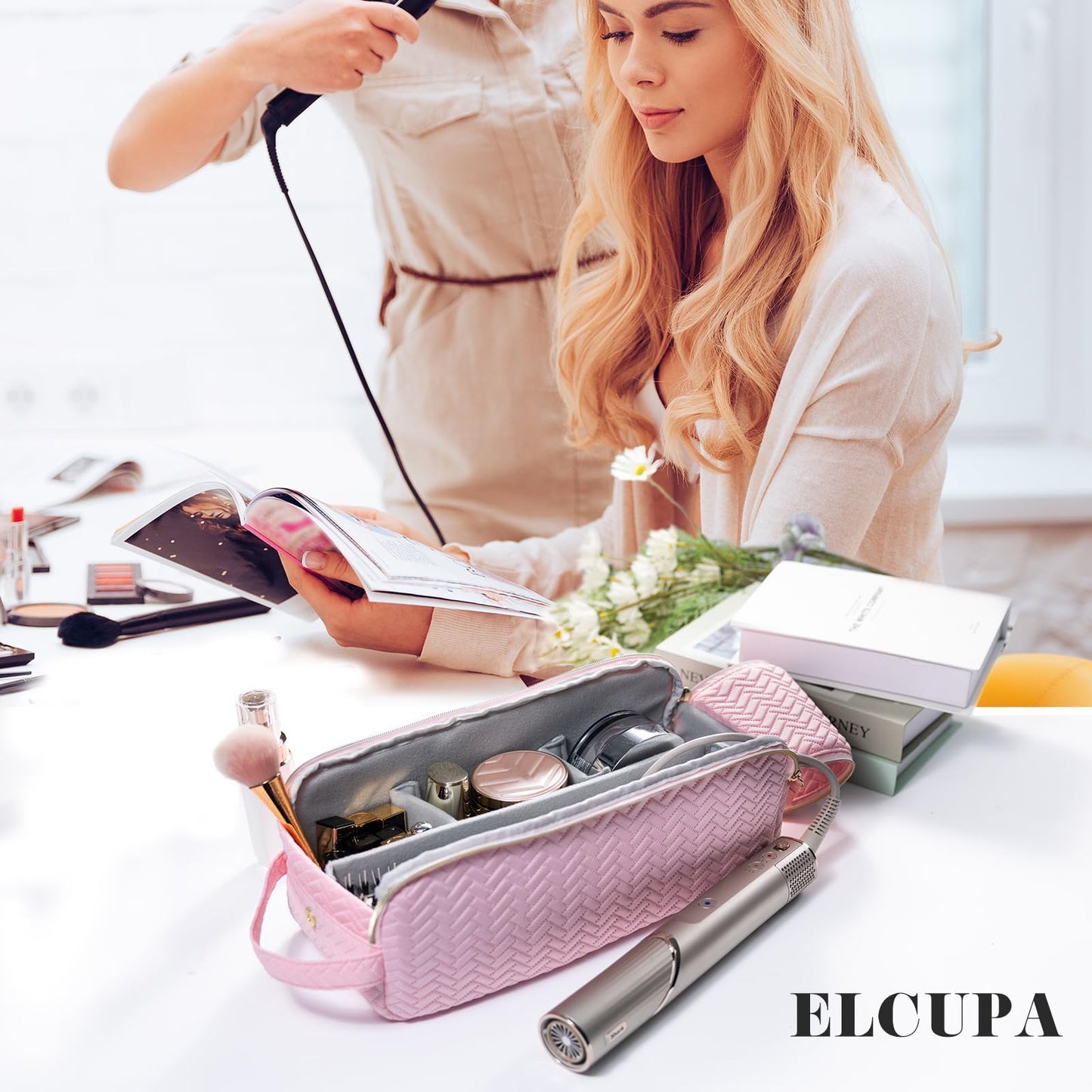 ELCUPA Large Hair Tools Travel Bag Compatible with Shark FlexStyle, Revlon & Dyson | Hair Dryer Brush Organizer, Flat Iron, Curling Iron, Makeup & Cosmetic Bag for Travel Essentials