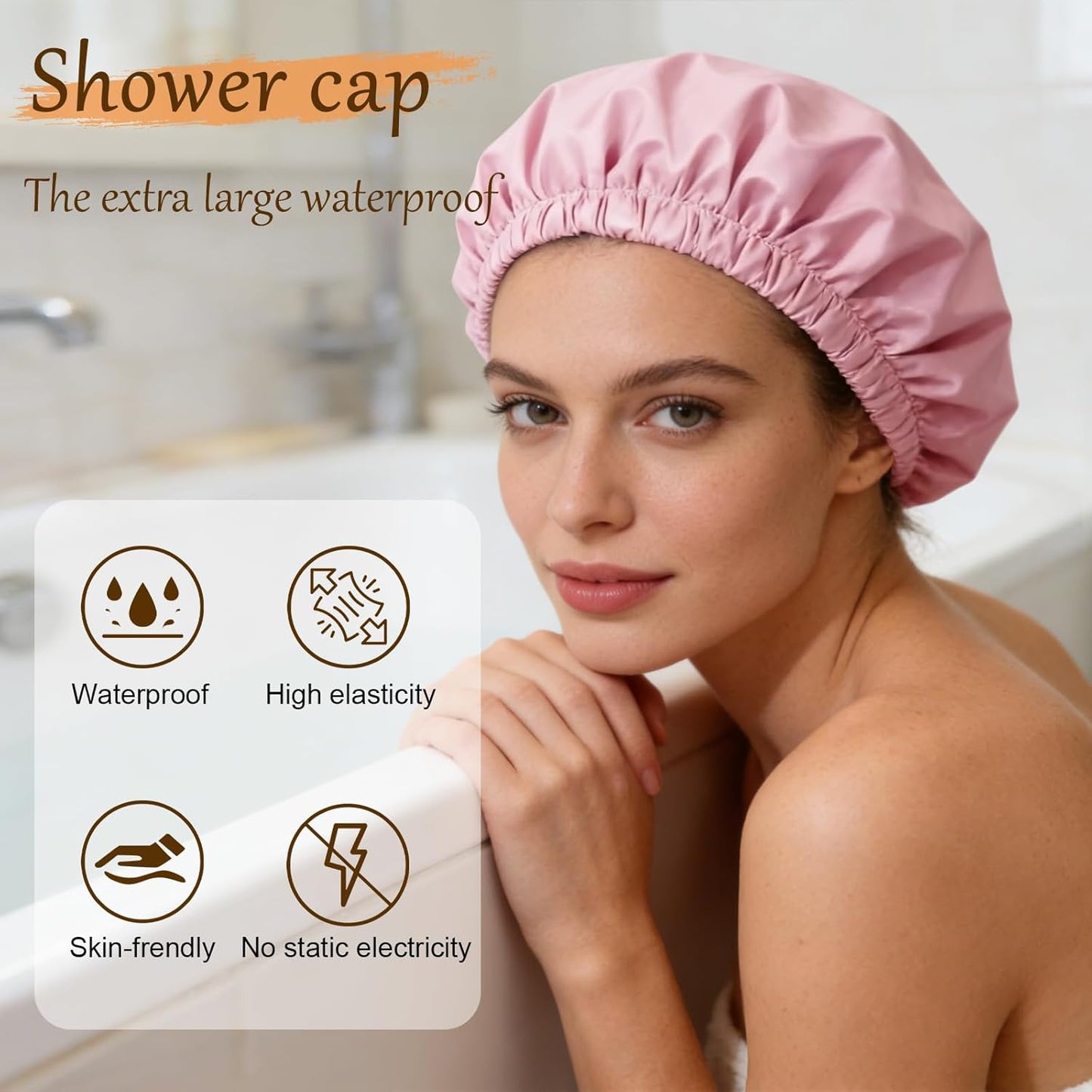Satin Lined Shower Cap for Women - Reusable Waterproof Hair Protection | Large Washable Pink Cap