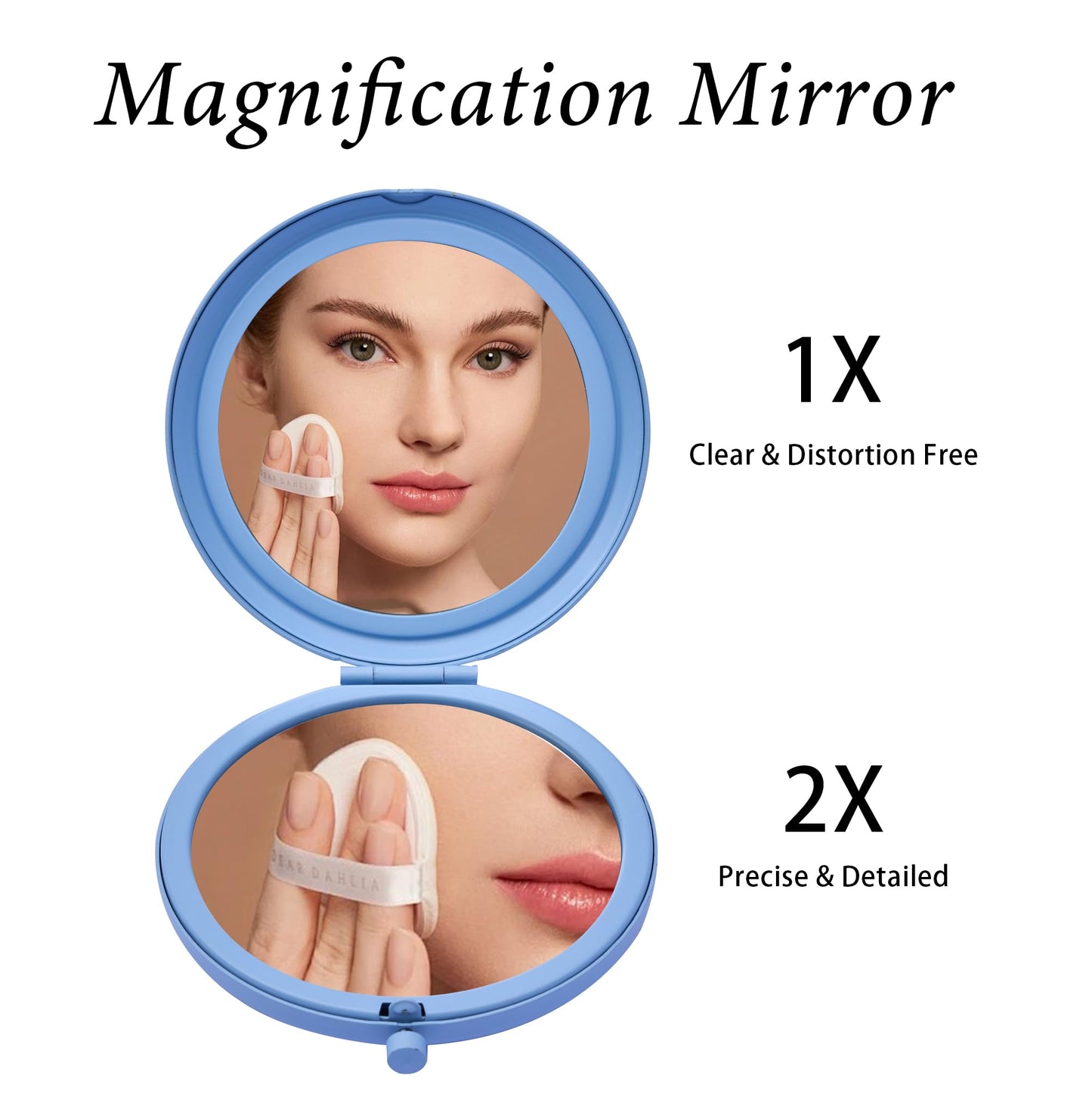 MLLXX Compact Mirror for Purse, Metal Round Shell, Double-Sided 1X/2X Magnifying, Portable Travel Makeup Mirror, Mini Pocket Mirror, Baby Blue, 4 Packs