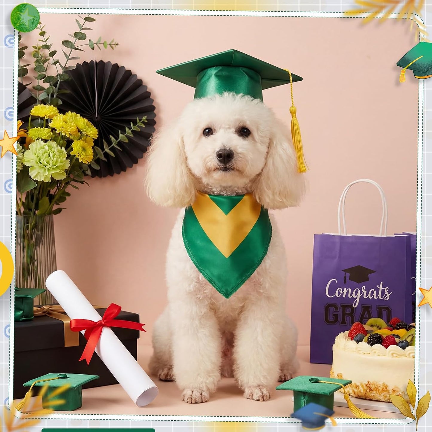 Dog Graduation Cap and Bandana Costume Set - Adjustable, Washable Pet Outfits for 2026 | Yellow, Small