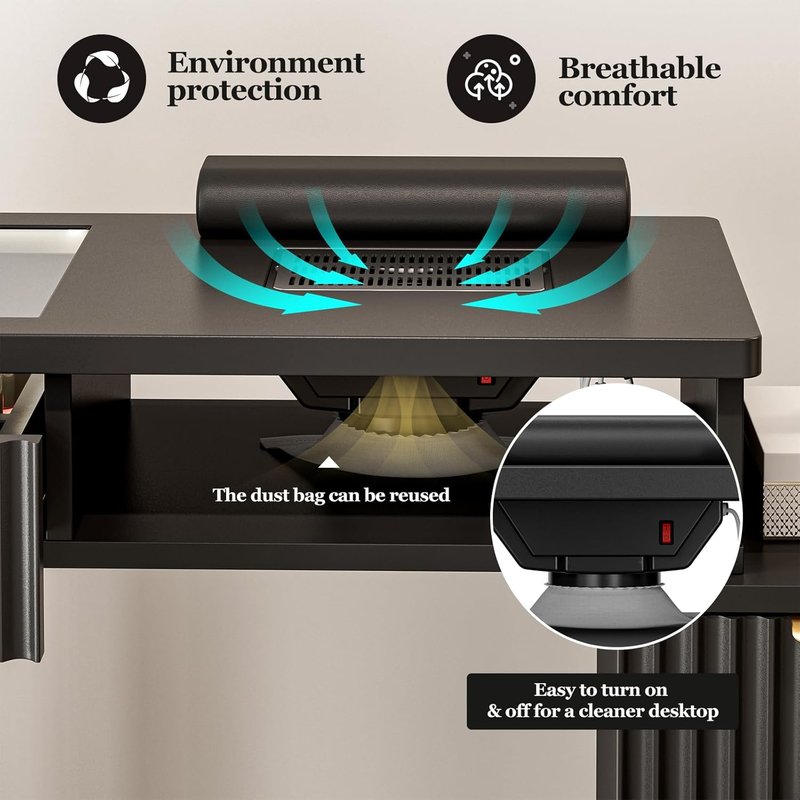 Manicure Table - Glass Top Nail Desk for Beauty Salon | Electric Downdraft Vent, Storage Drawers, Black & Gold Design