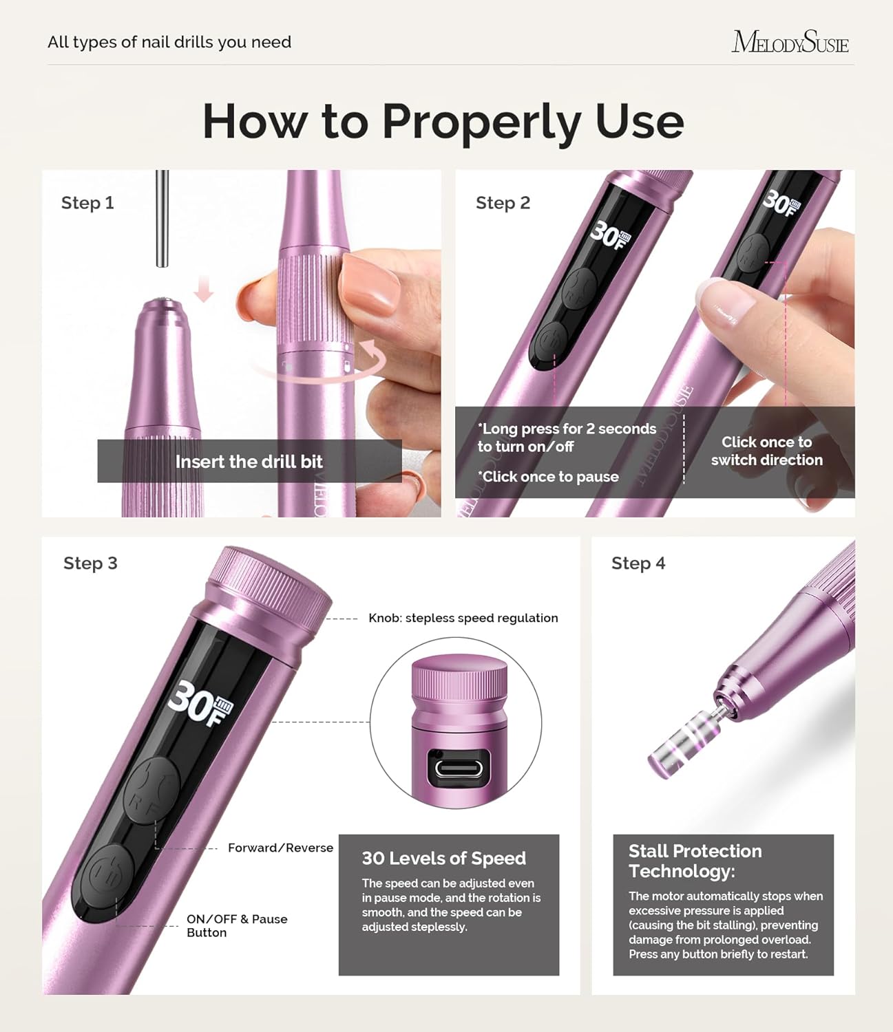 MelodySusie Cordless Nail Drill - 30000RPM E-File with Adjustable Speed & LED Display | Perfect for Manicure & Acrylic Gel Removal