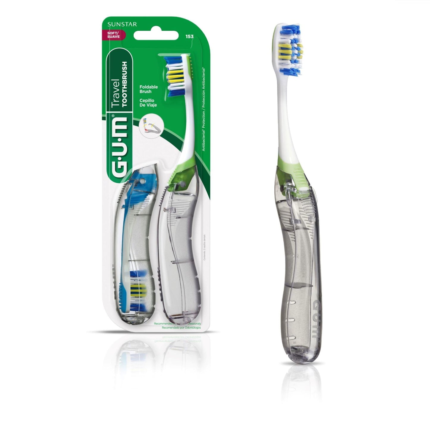 GUM Folding Travel Toothbrush for Adults, Soft-Bristled Compact Toothbrush with Tongue Scraper, 2 Count