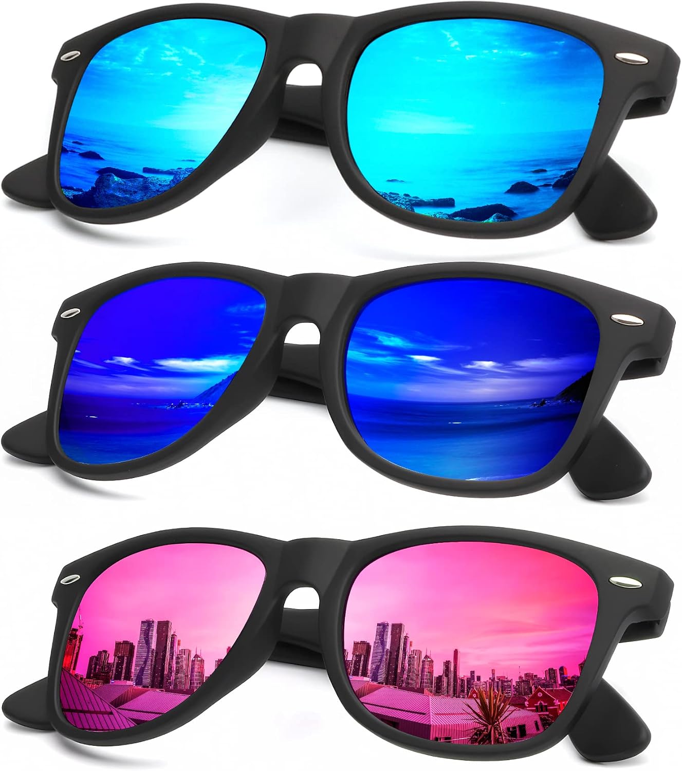 KALIYADI Polarized Sunglasses - Matte Finish, UV Blocking, Color Mirror Lenses | 3-Pack for Men & Women