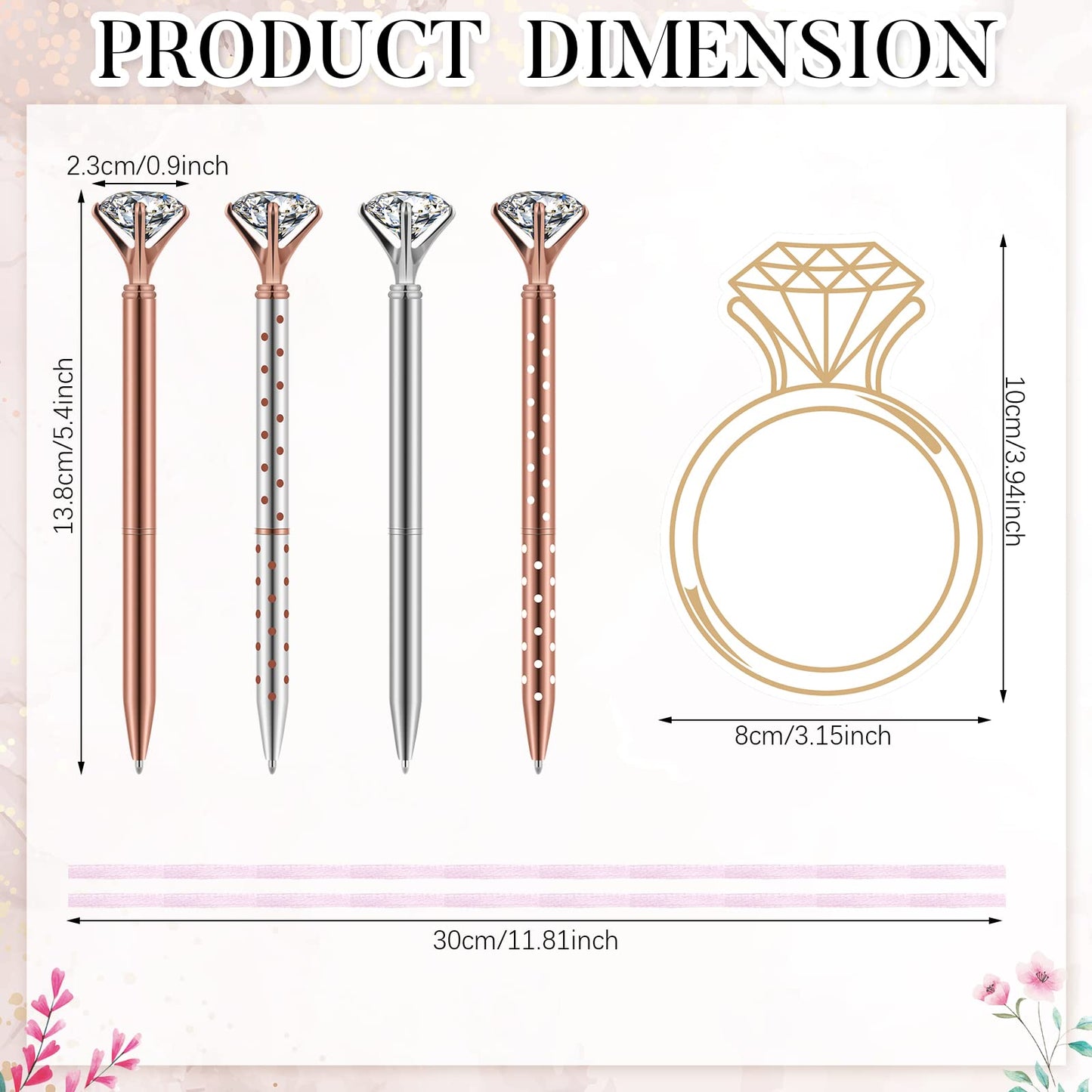Fuutreo 24 Pack Diamond Ring Sticky Notes Set with Big Diamond Pens Diamond Ring Bling Memo Pad for Wedding Crystal Metal Ballpoint Pens with Black Ink for Bachelorette Office Wedding Gift Supplies