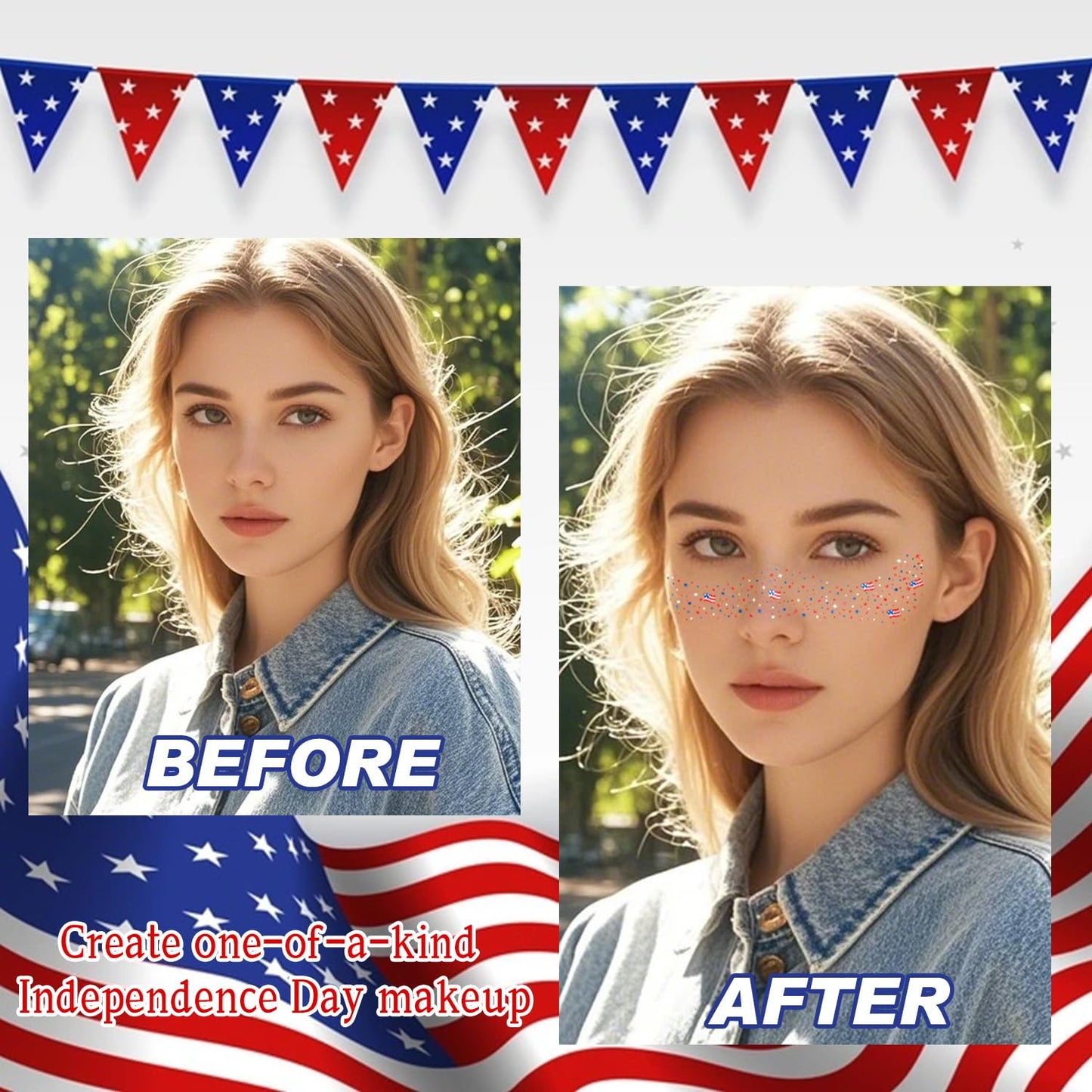 USA Flag Glitter Freckles - 8 Pcs Red, White & Blue Face Tattoos for 4th of July & Memorial Day