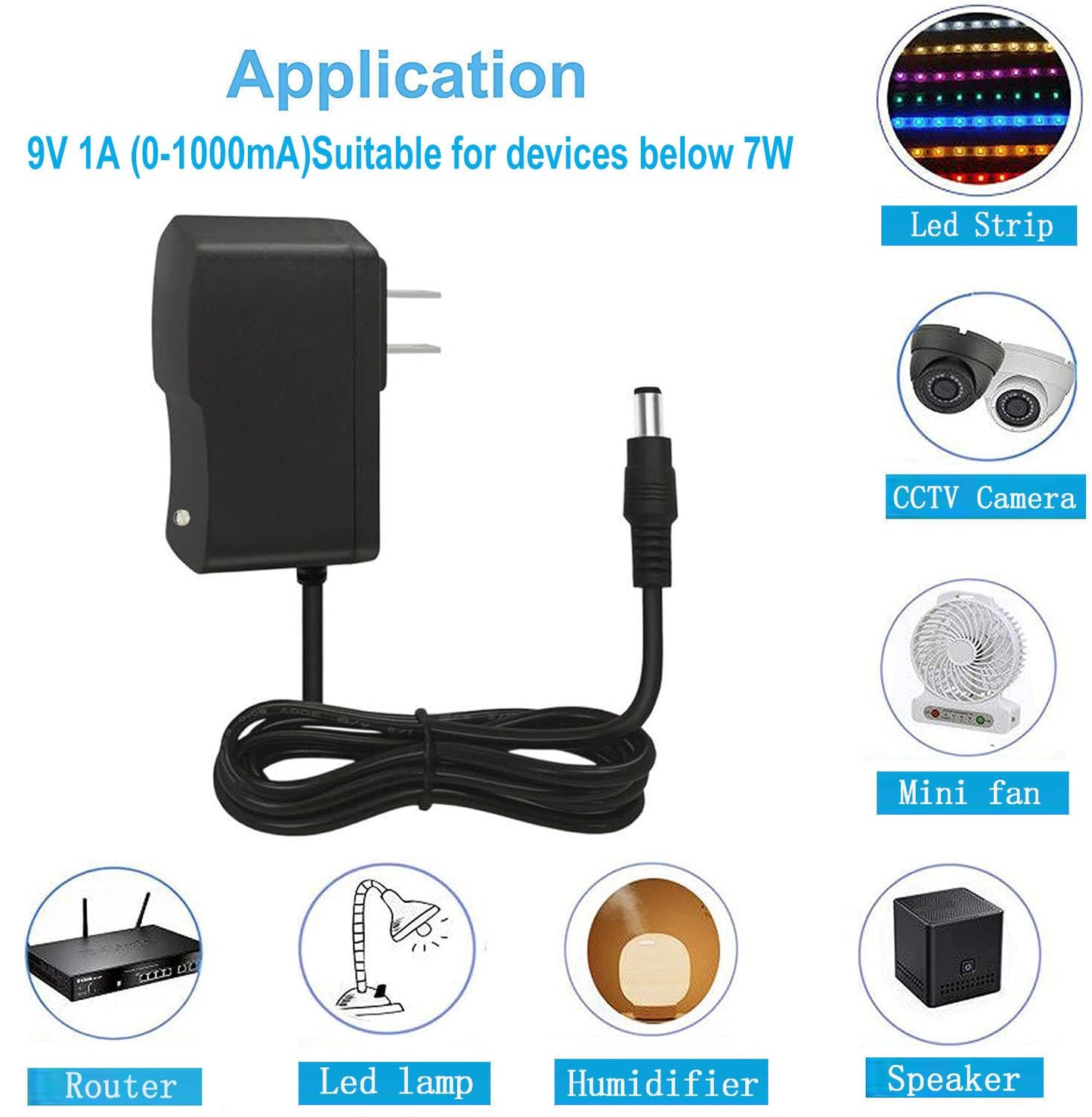 9V DC Power Supply 1A AC Adapter, 100-240V 50/60Hz 9 Volts 1Amp 600mA Transformer, DC 9V Power Cord Adapter,5.5mm*2.5mm[Output Tip: Center Positive (+)] and 8 Tips