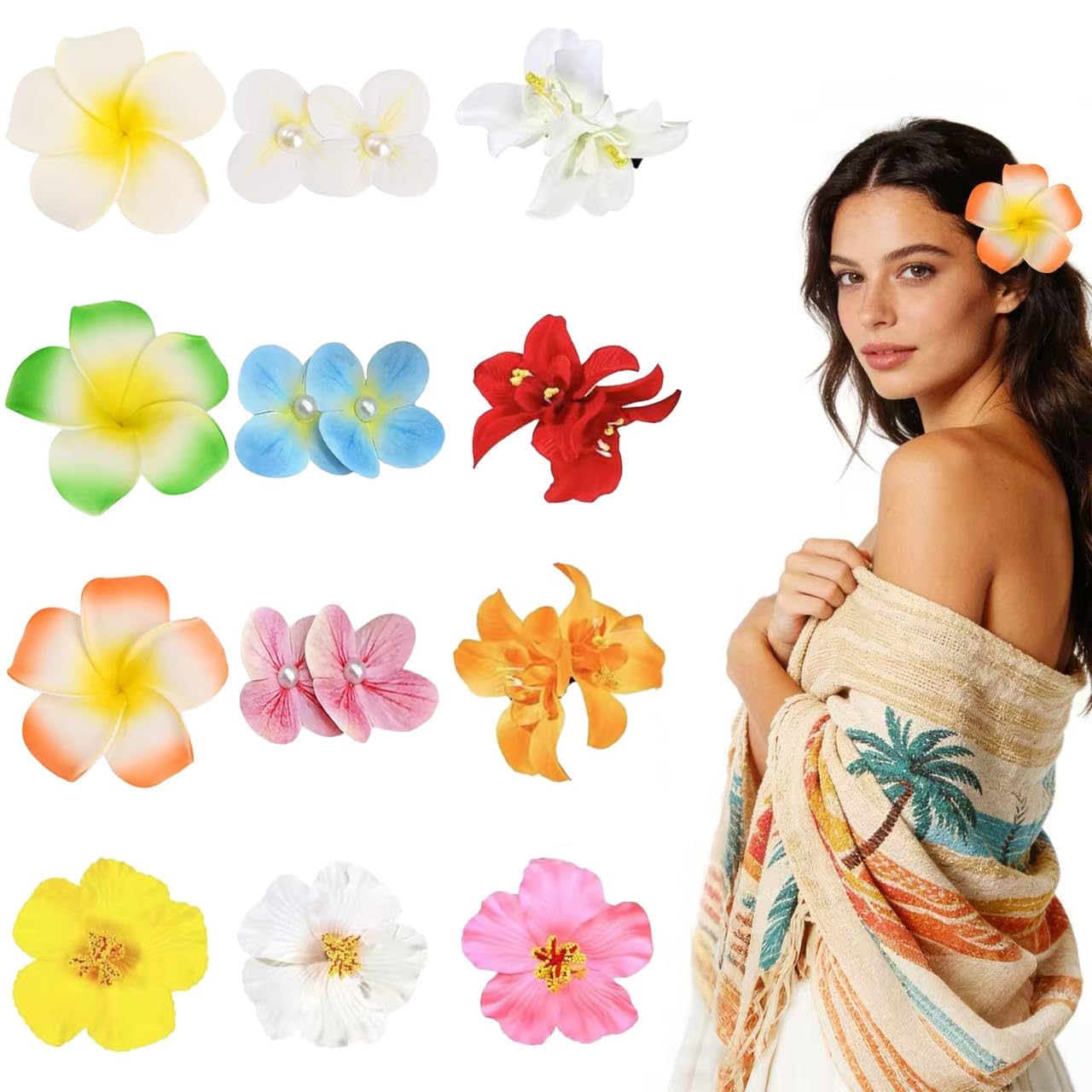 Hawaiian Flower Hair Clips - 6 Pcs Plumeria & Hibiscus Set | 3.5 Inch Colorful Accessories for Weddings & Beach Parties