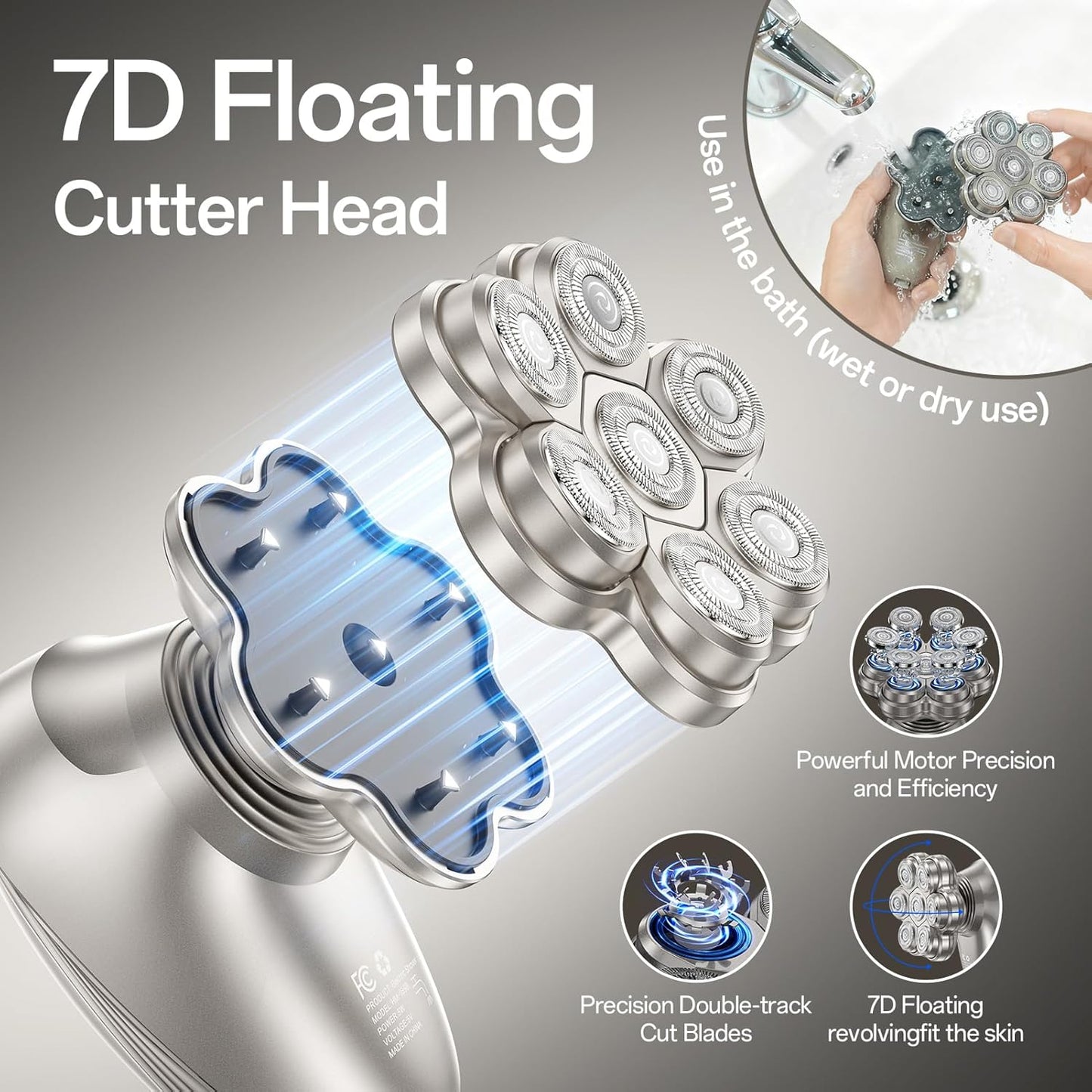 Electric Head Shaver for Bald Men - 7D Magnetic Waterproof Razor | 5-in-1 Grooming Kit (Gray)