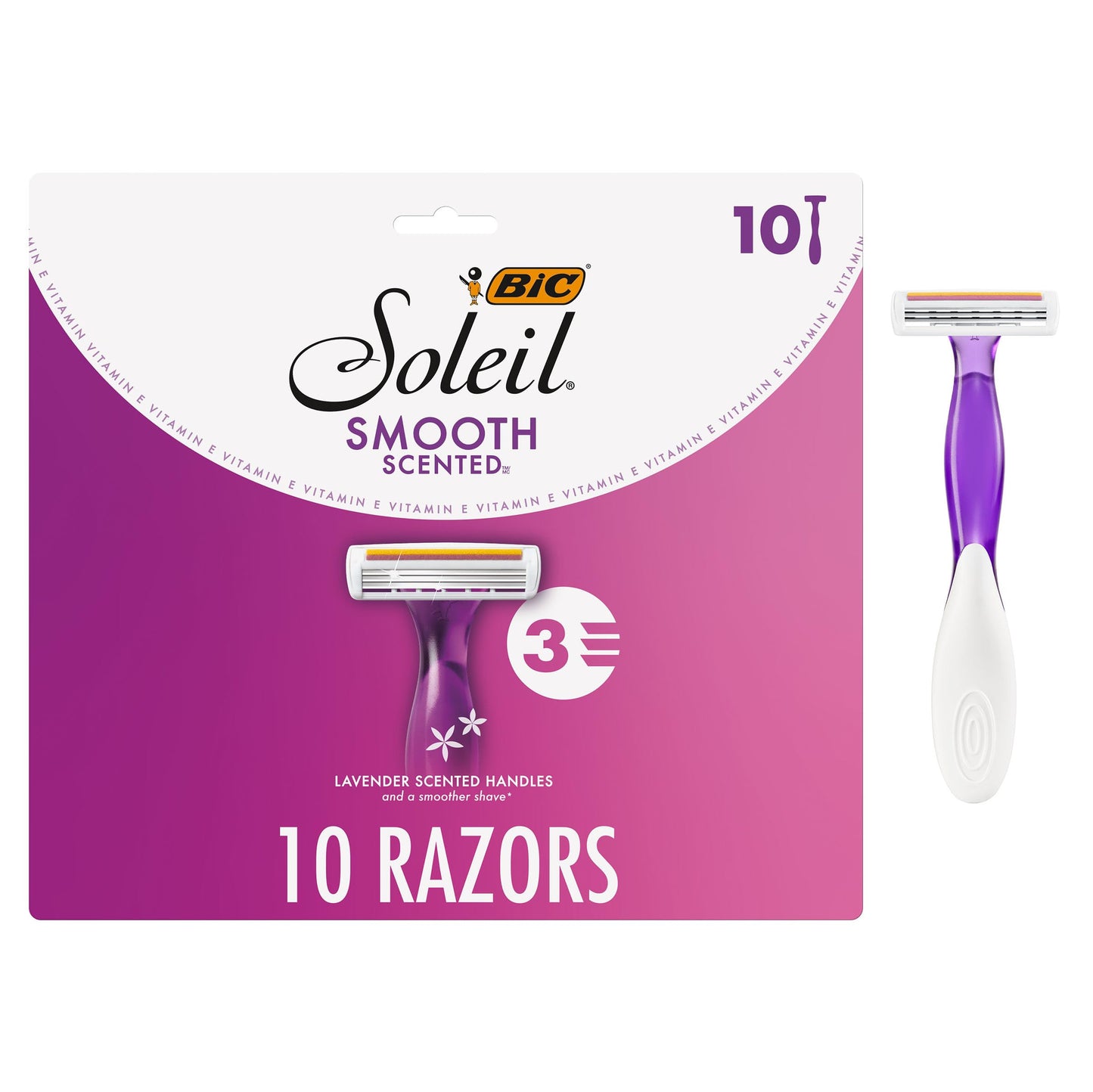 BIC Soleil 3 Scented Women's Disposable 3-Blade Razors, Lavender Scent, Vitamin E Strip, College Dorm Room Essential, Shower Caddy and Toiletry Bag Ready, 10-Pack