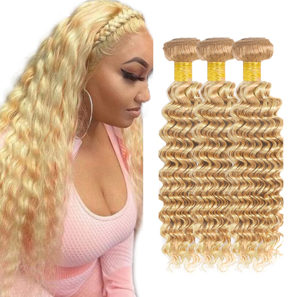 Honey Blonde Bundles 613 Deep Wave Bundles Human Hair Blonde Bundle 16 18 20 inch Two Tone 613 and 27 Bundle 300g
