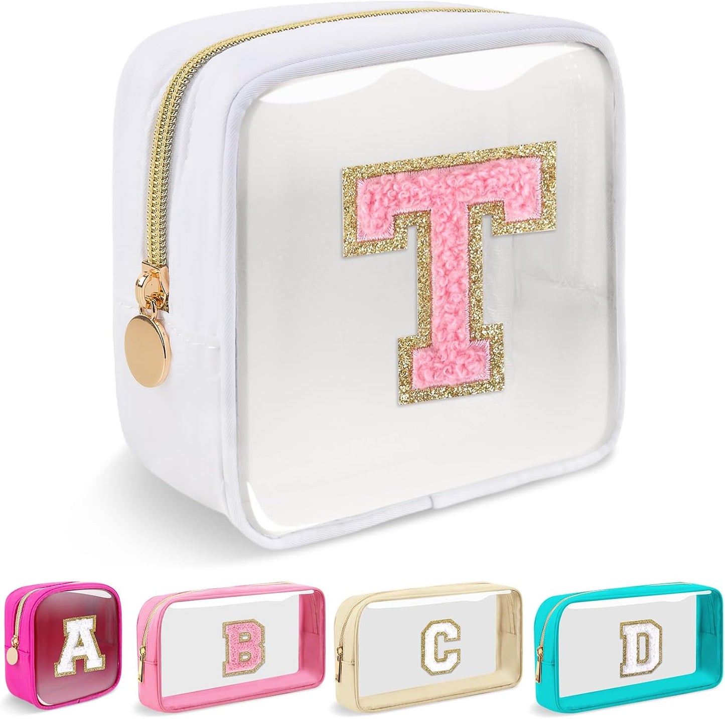 Personalized Initial Makeup Bag - Waterproof Nylon Cosmetic Pouch | A-Z Chenille Letter Patch, White-Pink G