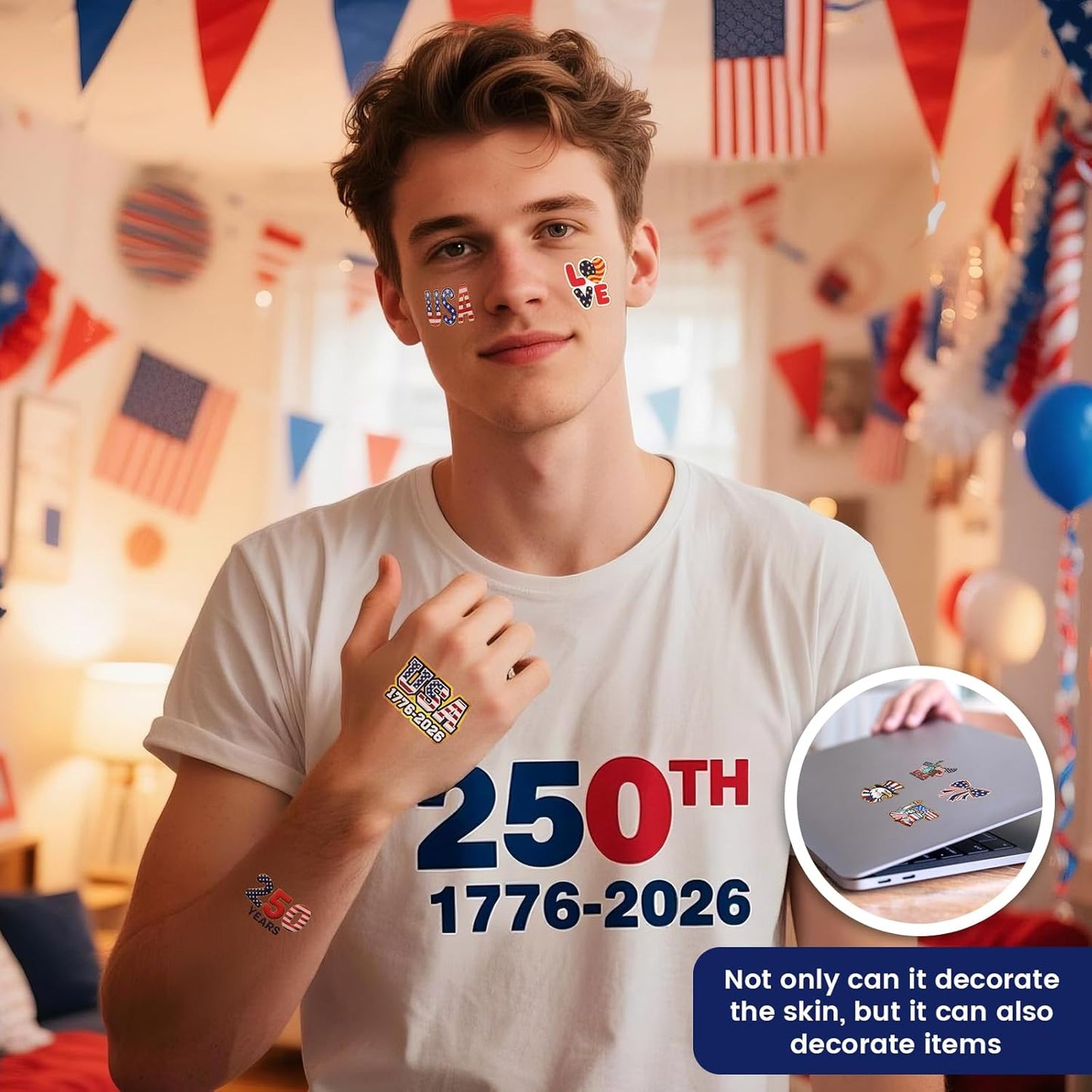 USA Temporary Tattoos - 250th Anniversary American Flag Stickers | 15 Sheets, 60 Styles for 4th of July Decor