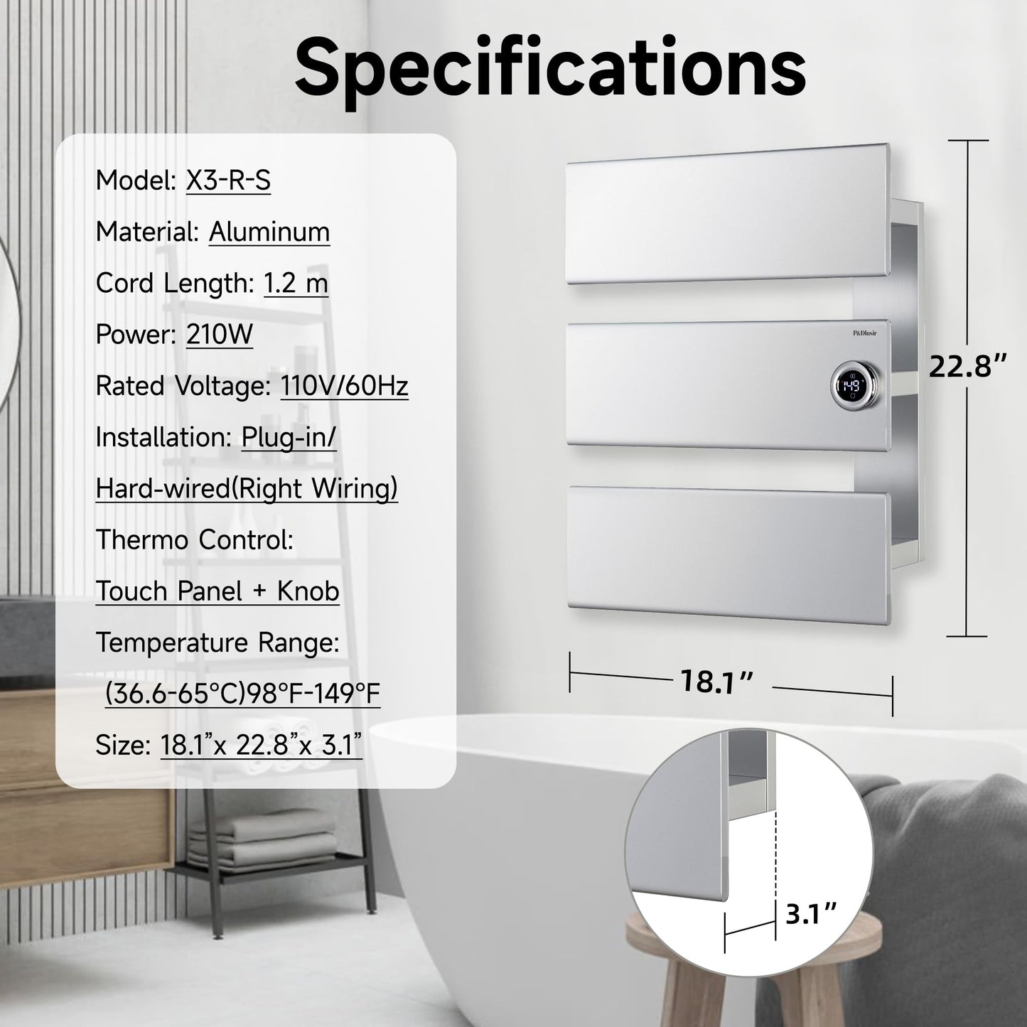 P&Dlusir X Series Heated Towel Rack, 3 Panel, Silver, Right-Wiring