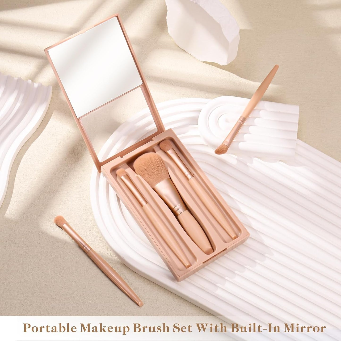 Eye Shadow Brush Set - Kids Small Makeup Brushes with Mirror | Perfect Valentine's Day Gift for Girls (Apricot)