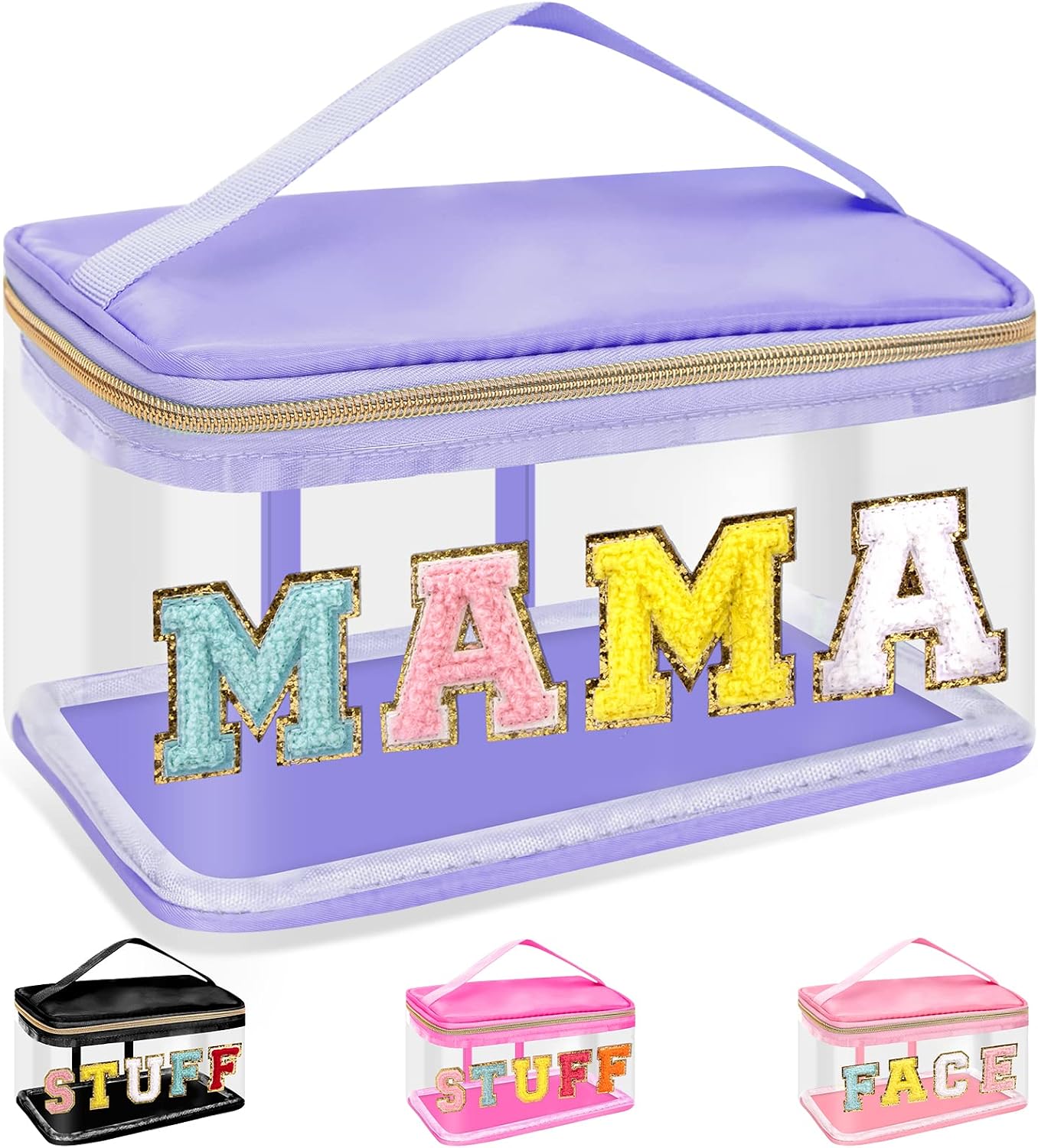 Clear Makeup Bag - Chenille Letter Hair Pouch | Waterproof Glitter Cosmetic Handbag for Travel - Green